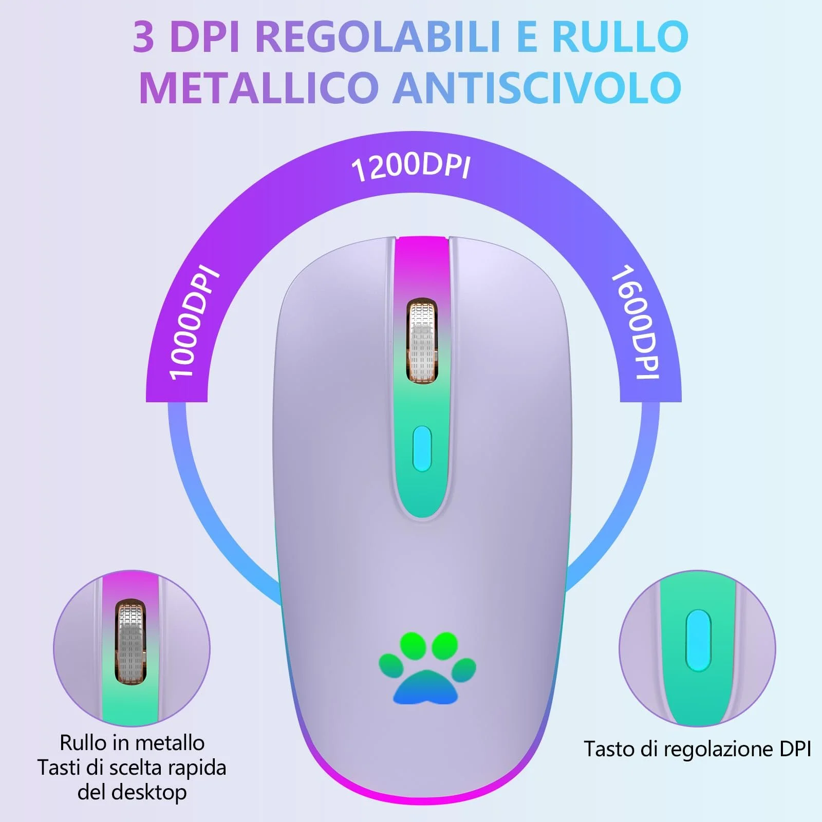 Мышь KBCASE Беспроводная 2.4 GHz USB, Bluetooth 1600 DPI, оптическое отслеживание, перезаряжаемая, игровая, 7 цветов LED подсветки, фото №5