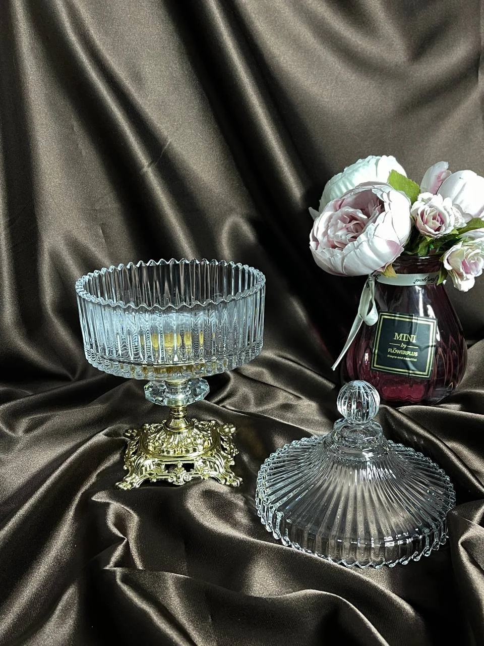 Цукерниця, блюдо для меду, варення з кришкою на золотій ніжці 14 см, фото №1