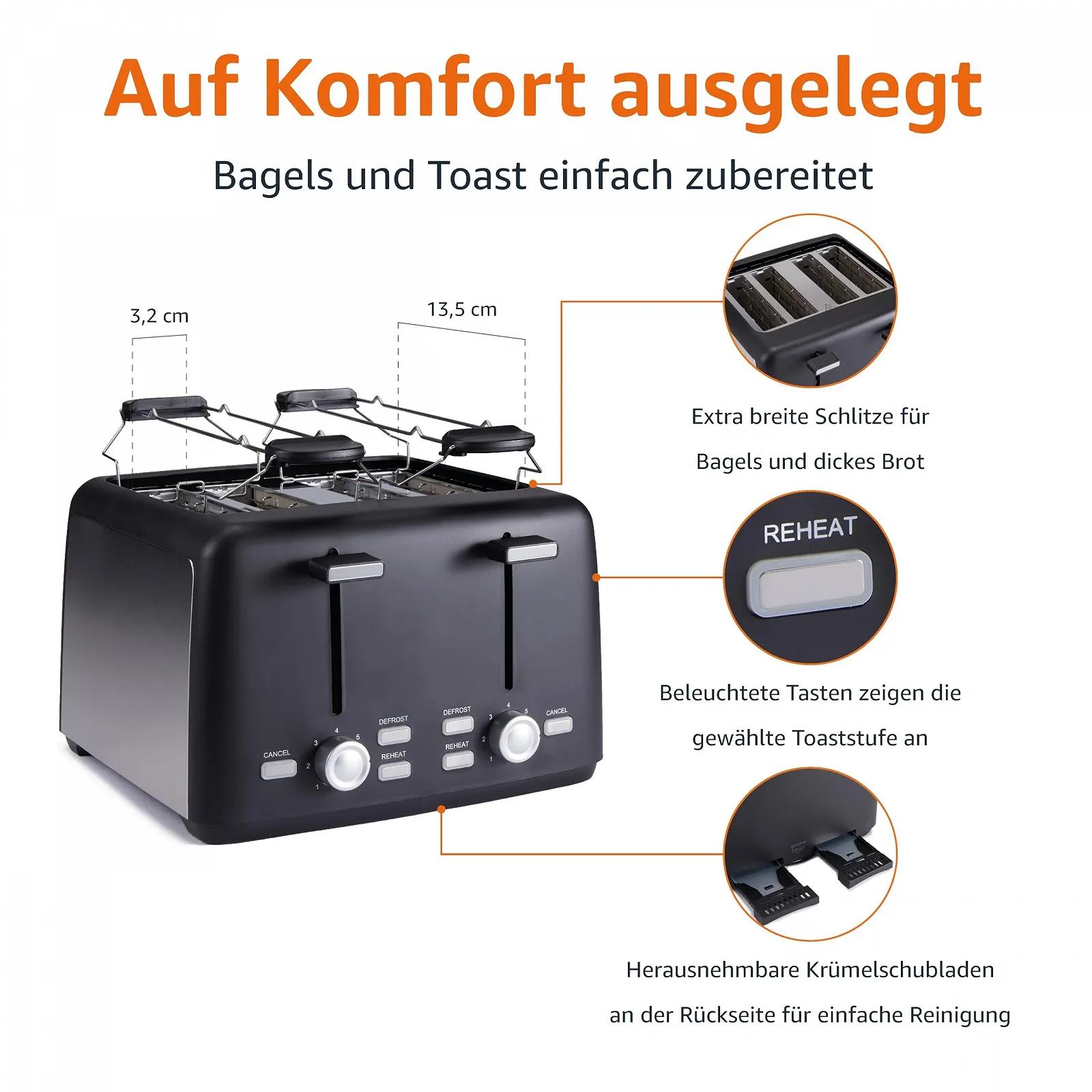 Тостер Amazon Basics на 4 скибочки з 7 рівнями підсмажування та знімним піддоном для крихт, дуже широкі слоти, 1500 Вт, чорний, фото №3