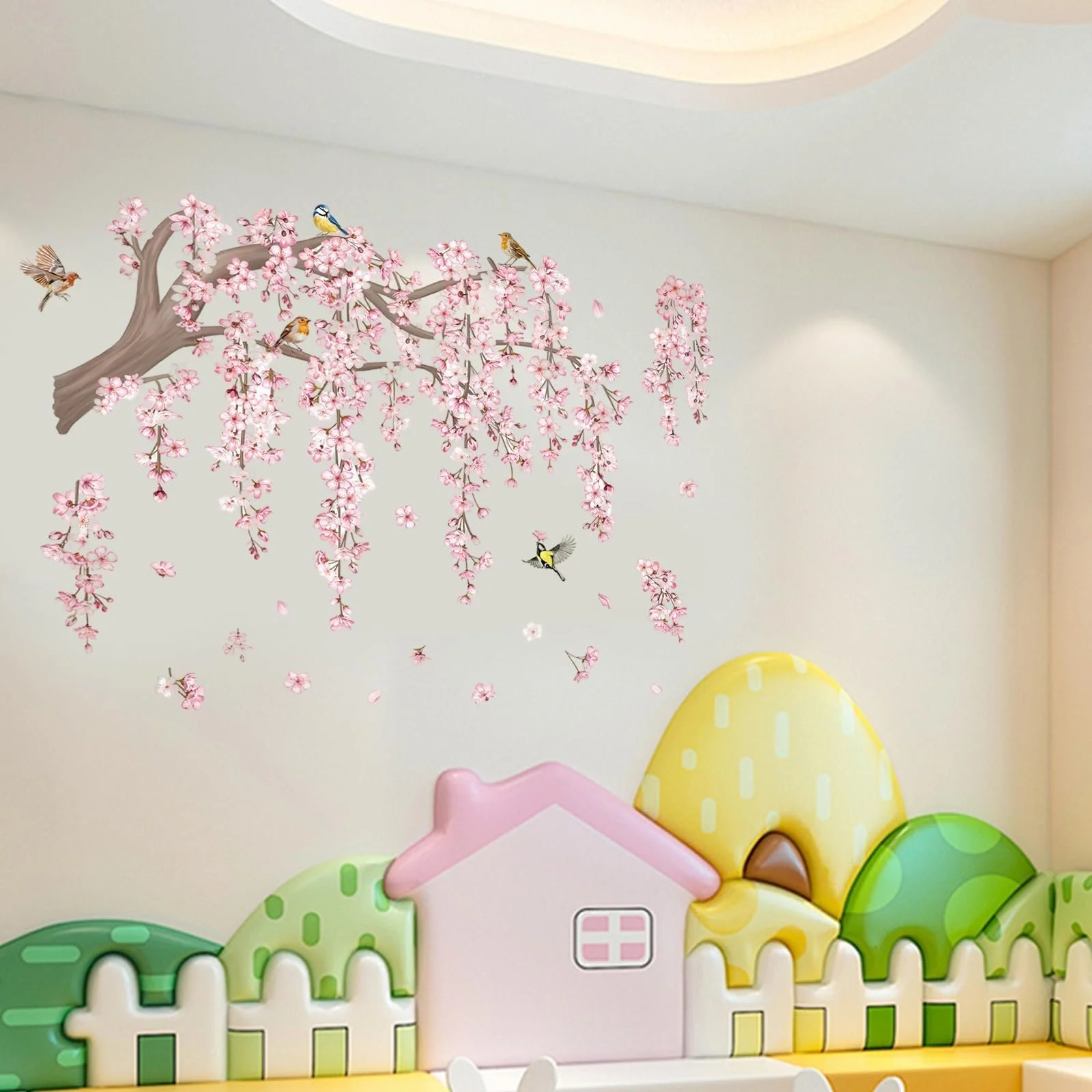 Наклейка на стіну Гілка квітучої сакури з птахами для дитячої спальні вітальні 30х90 см, фото №3