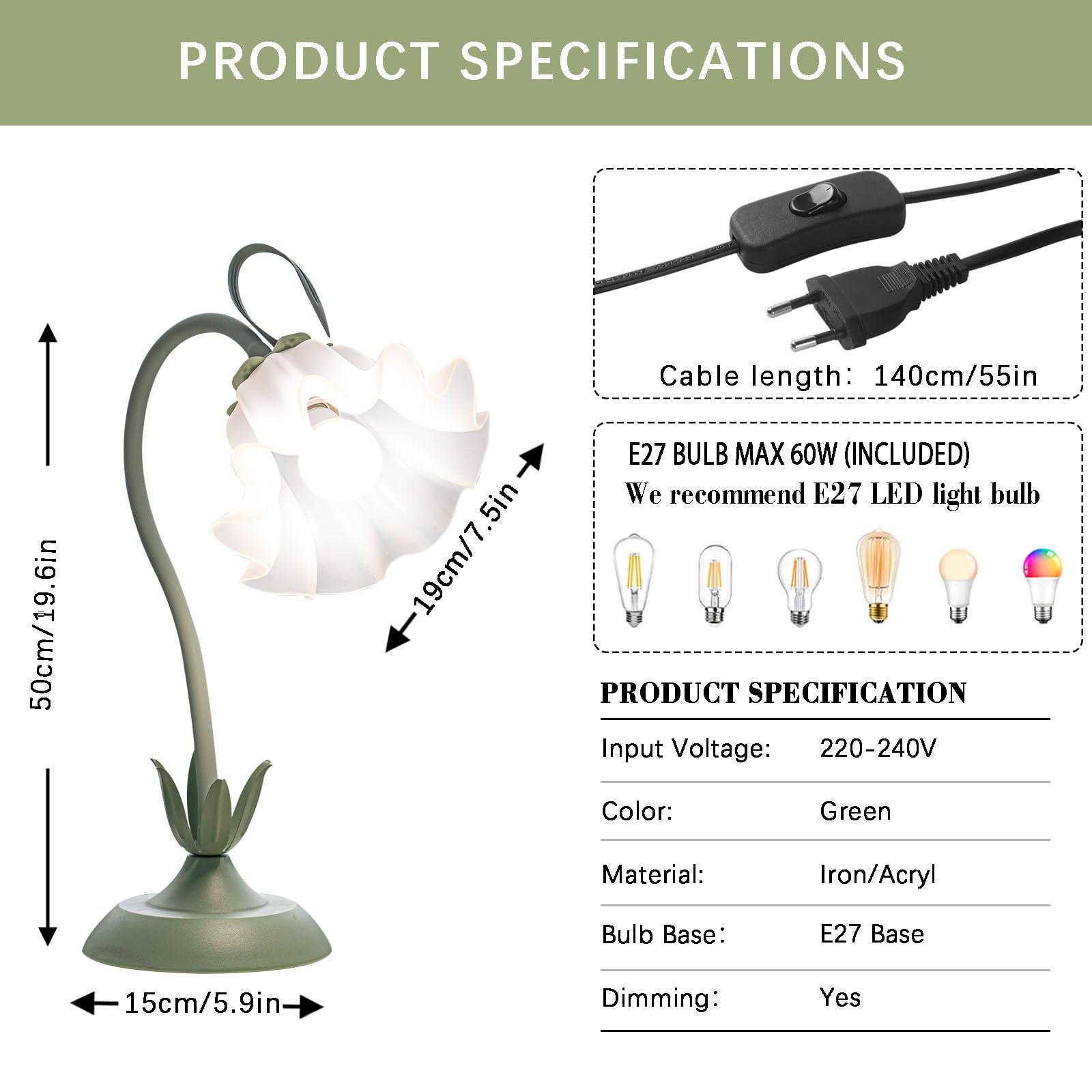 Настільна лампа Flower DIY Гнучка E27 Акриловий плафон Зелений, фото №3