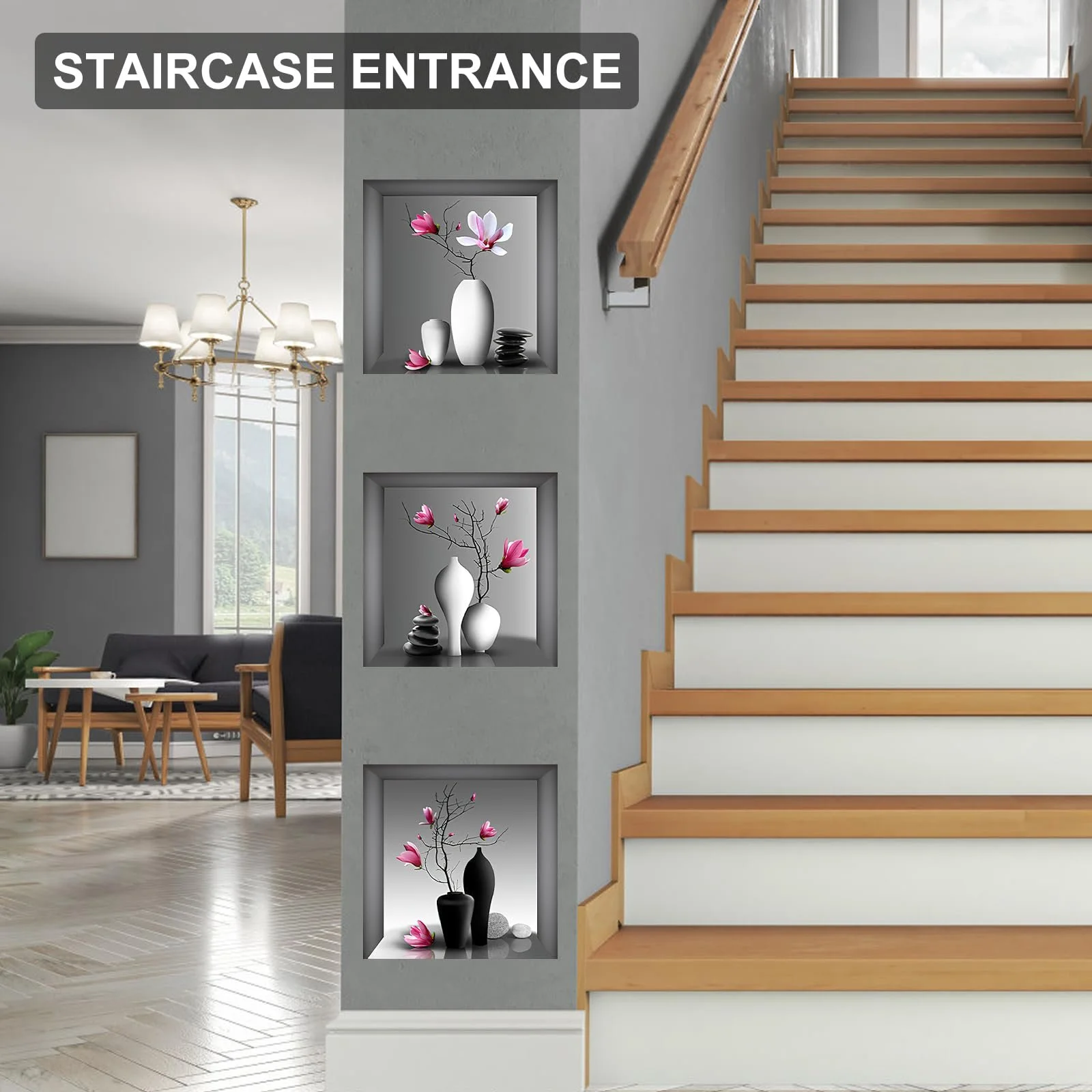 Наклейки на стіну UOCAI 3 штуки 3D Ваза з квітами 30 x 30 см, фото №4