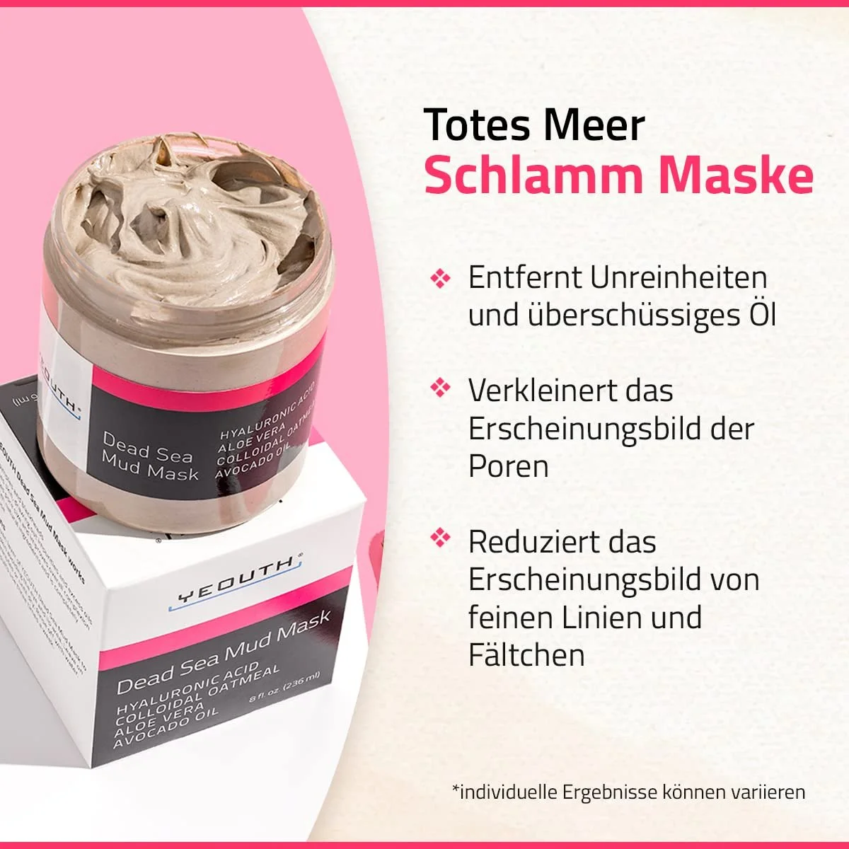 Маска для обличчя YEOUTH Грязь Мертвого моря з гіалуроновою кислотою та олією авокадо 240 мл, фото №3