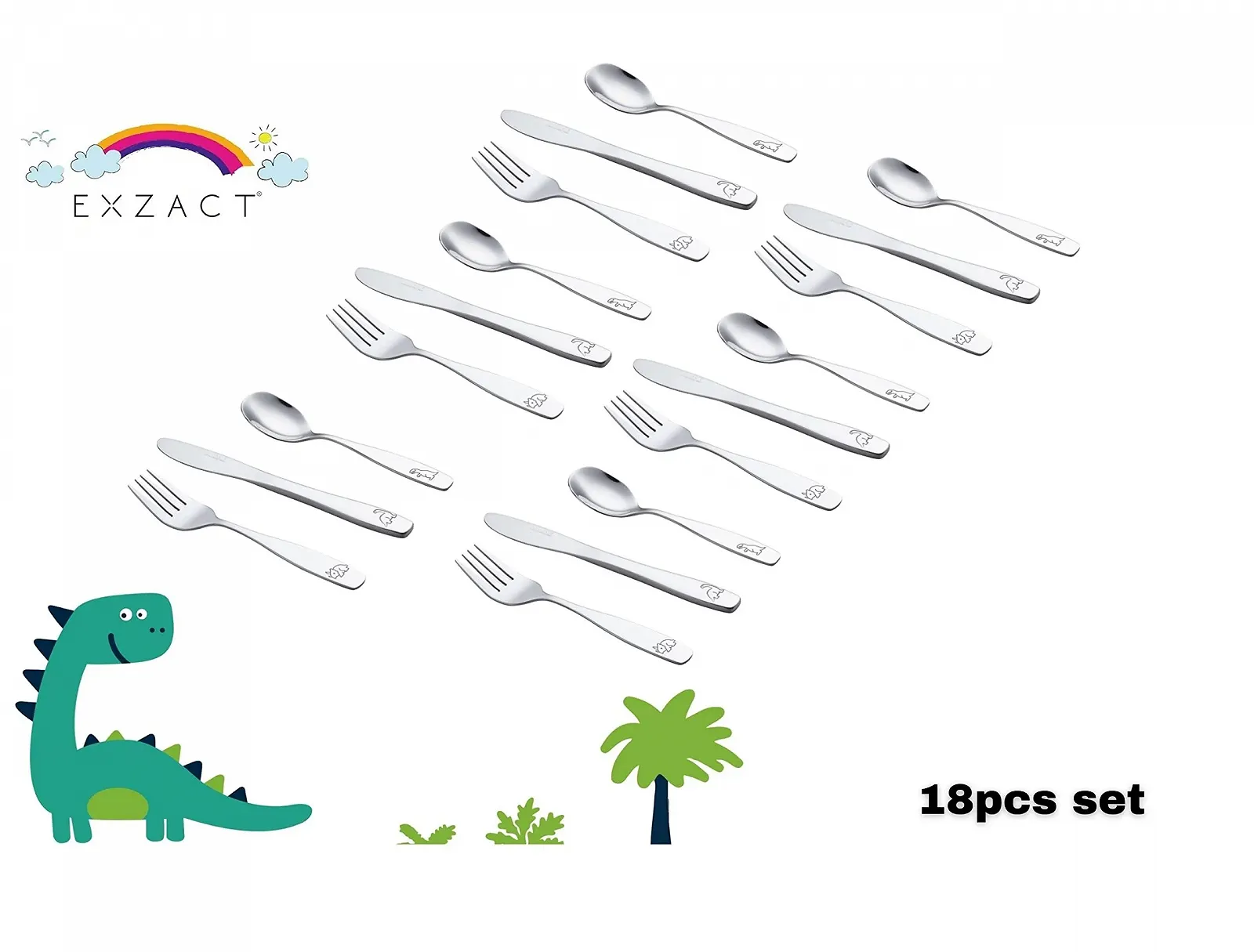 Столовые приборы EXZACT 18 предметов Нержавеющая сталь - 6 вилок, 6 безопасных ножей, 6 столовых ложек (Динозавр x 18), фото №8 Столовые приборы EXZACT 18 предметов Нержавеющая сталь - 6 вилок, 6 безопасных ножей, 6 столовых ложек (Динозавр x 18), фото №8