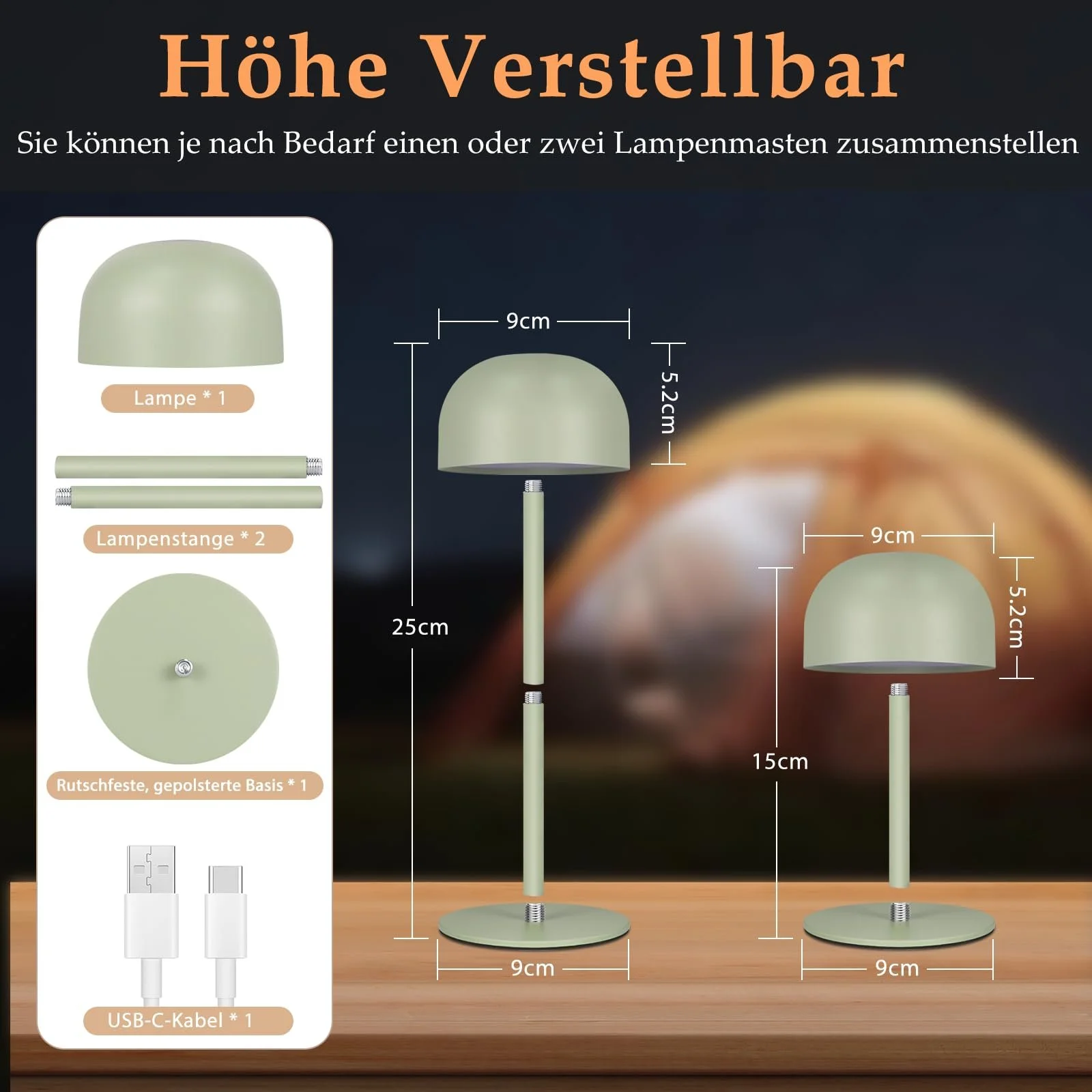 Настільна лампа LED Homefire Бездротова Регульована за висотою IP44 Зелений, фото №3