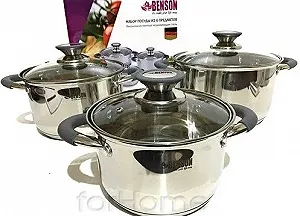 Набор кастрюль из нержавеющей стали с крышками 6 предметов (2.1л, 2.9л, 3.9л) Benson BN-190 - Фото 1