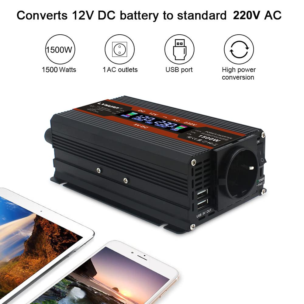 Перетворювач напруги Cantonape Інвертор 12 В 230 В 750 Вт LCD + 2 USB роз'єми з автомобільним прикурювачем та затискачами для автомобільного акумулятора, фото №5
