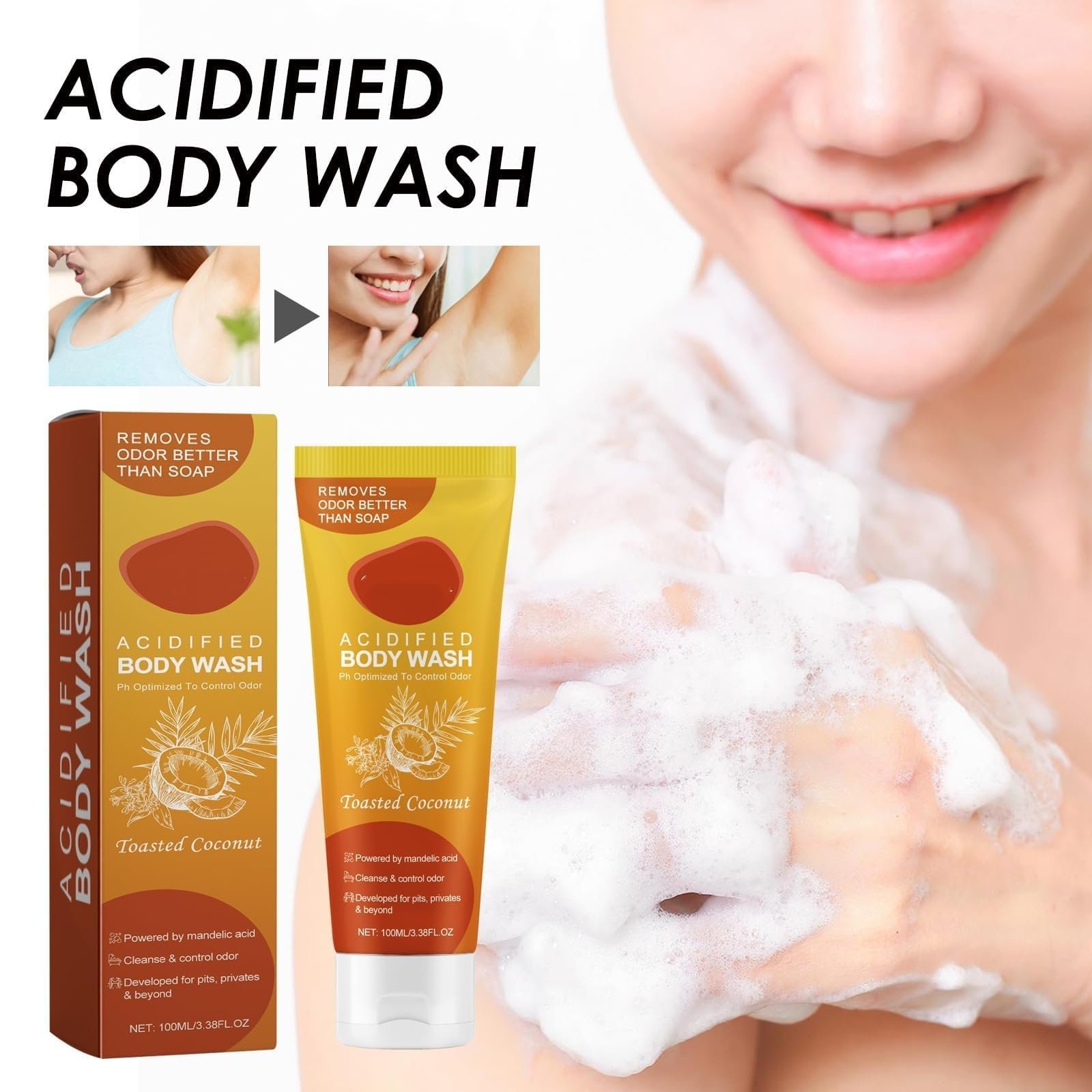 Гель для душу для контролю запаху з мигдальною кислотою та кокосовою олією без SLS, фото №3