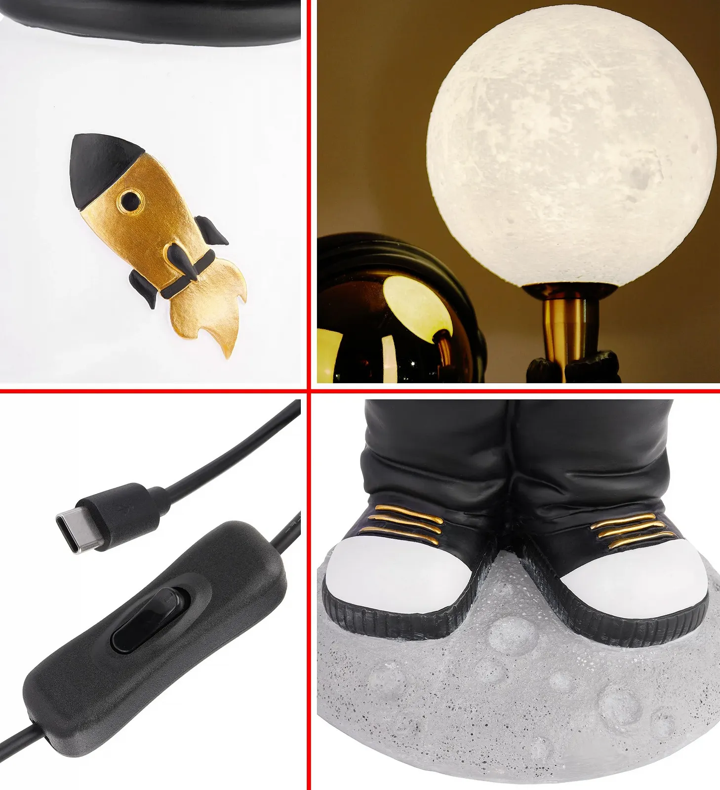 Настільна лампа BRUBAKER Астронавт USB-C Moon Lamp 46 см Gold White Black, фото №5