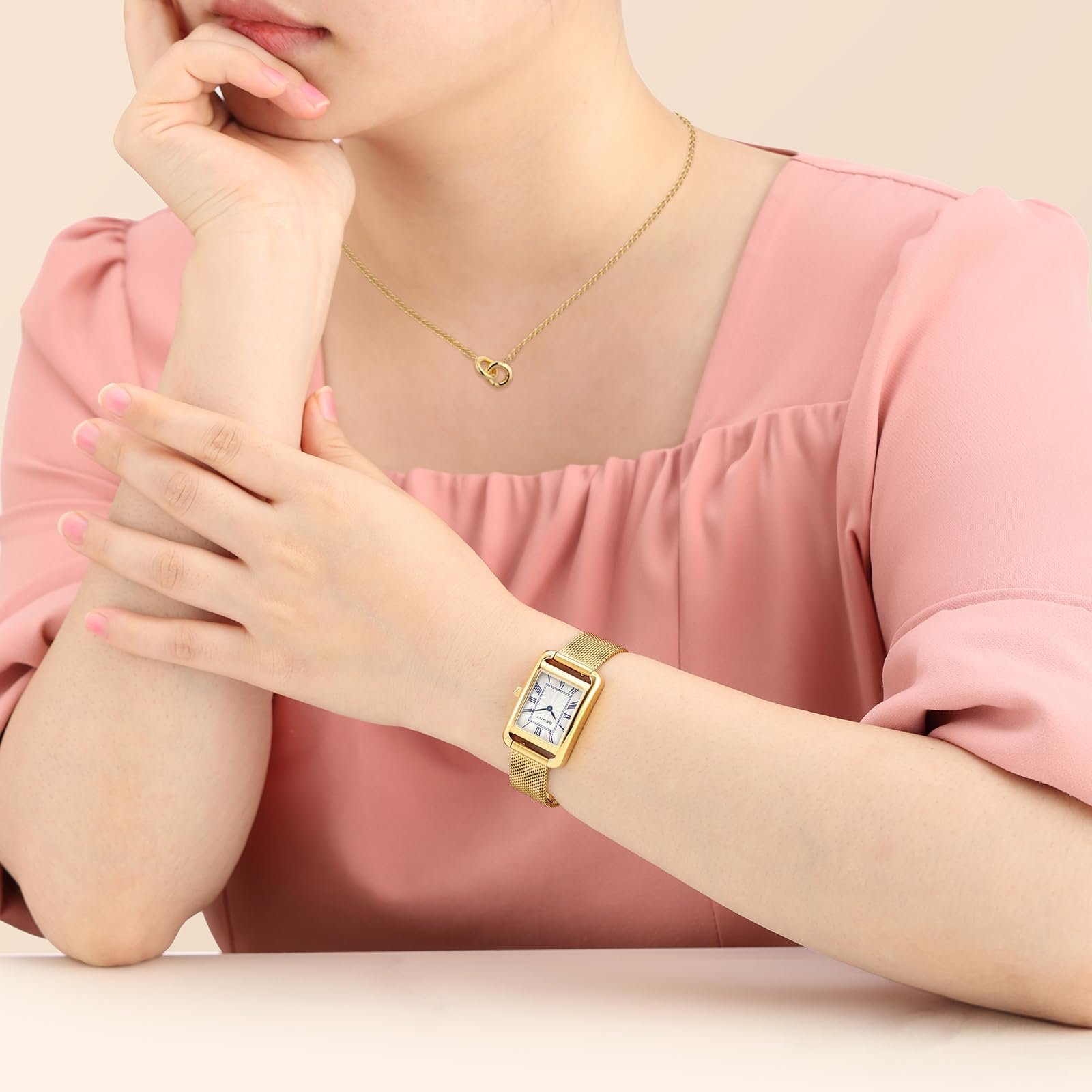 BERNY Прямоугольные Женские Классические Наручные Водонепроницаемые Кварцевые Часы с Римскими Цифрами и Сетчатым Ремешком, фото №7 BERNY Прямоугольные Женские Классические Наручные Водонепроницаемые Кварцевые Часы с Римскими Цифрами и Сетчатым Ремешком, фото №7