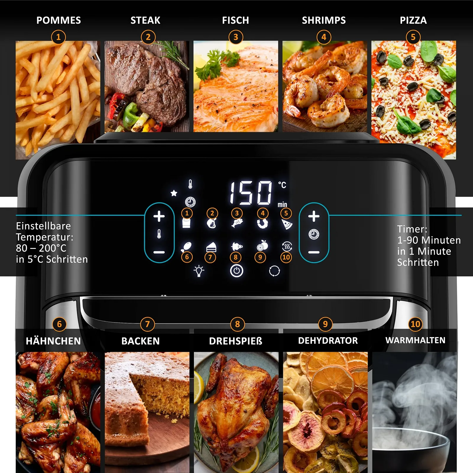 Мультипіч-піч XXL Arendo Fry Time 3 12 л 1800 Вт LED 10 програм BPA free, фото №4 Мультипіч-піч XXL Arendo Fry Time 3 12 л 1800 Вт LED 10 програм BPA free, фото №4