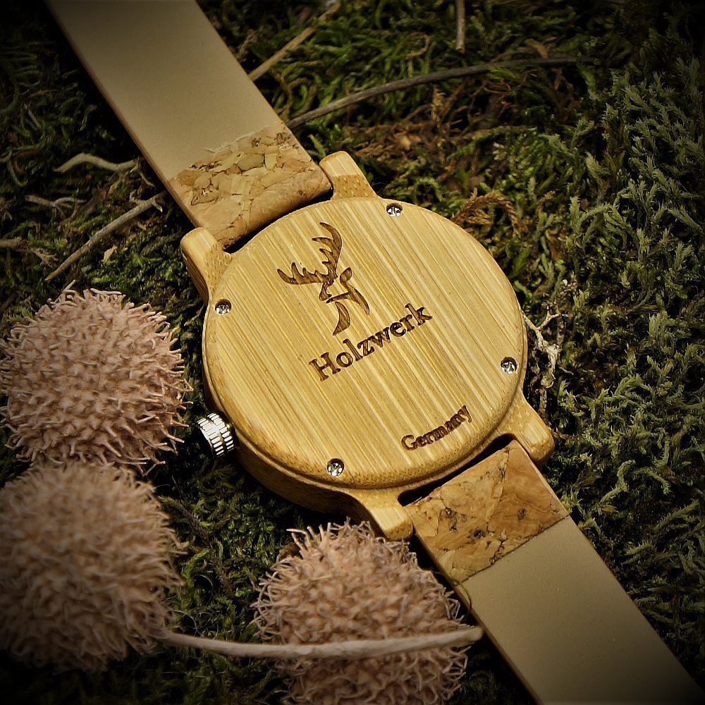 Годинник жіночий Holzwerk Germany Designer Eco Natural Vegan дерев'яний аналоговий кварцовий з корковим ремінцем та дерев'яним циферблатом, фото №5