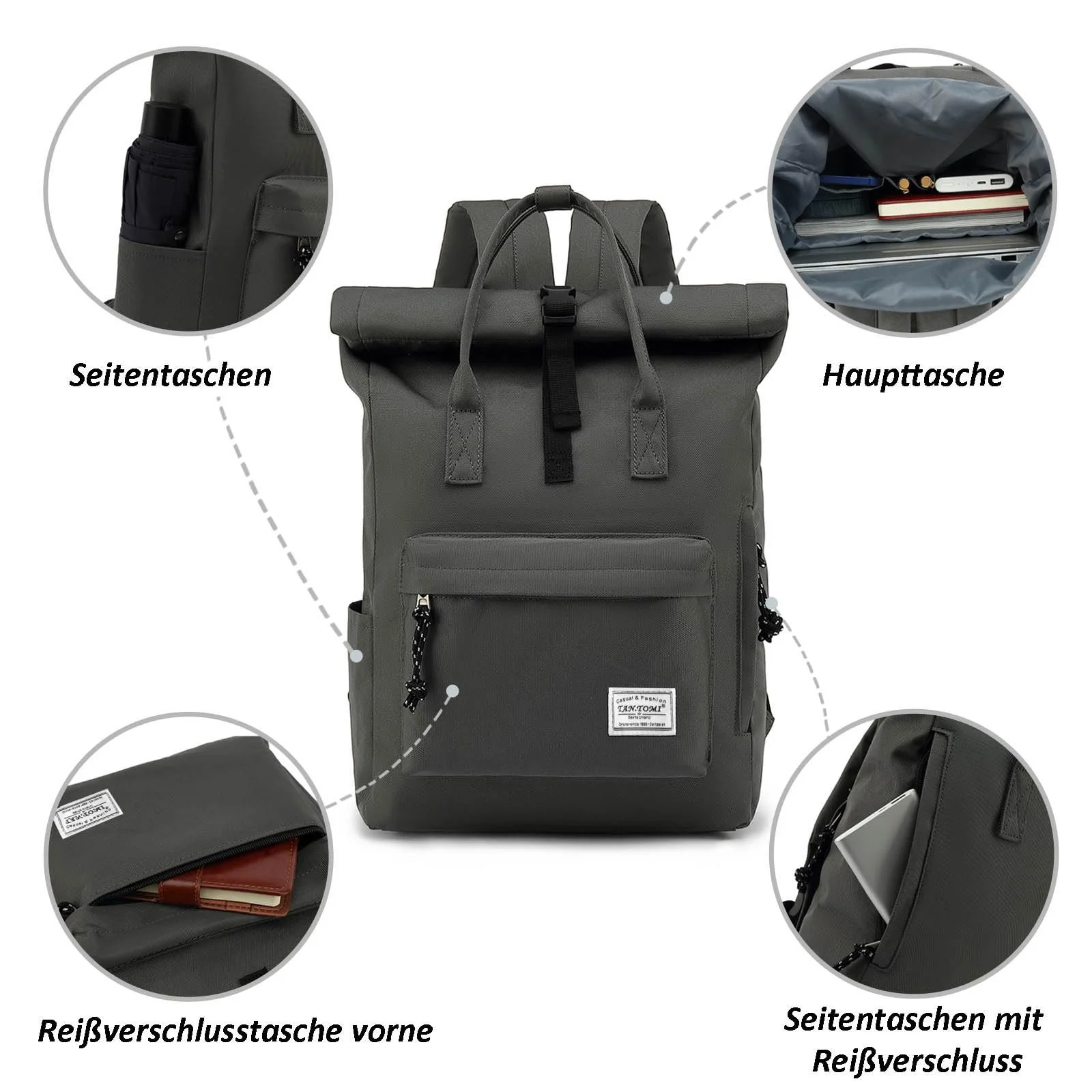 Рюкзак для ноутбука TANTOMI 15.6 дюйма Rolltop Waterproof, фото №6 Рюкзак для ноутбука TANTOMI 15.6 дюйма Rolltop Waterproof, фото №6