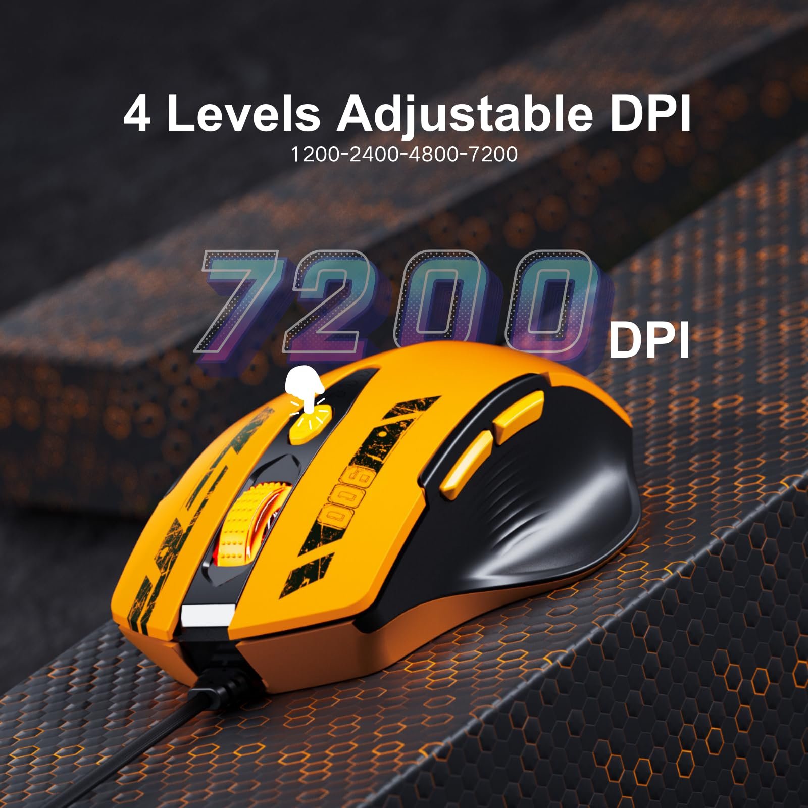 Миша Uineer дротова, ергономічний дизайн, до 7200 DPI регульована, 6 кнопок, комп'ютерна, PC, для ноутбука, комп'ютера, Plug & Play, матова жовта, фото №5