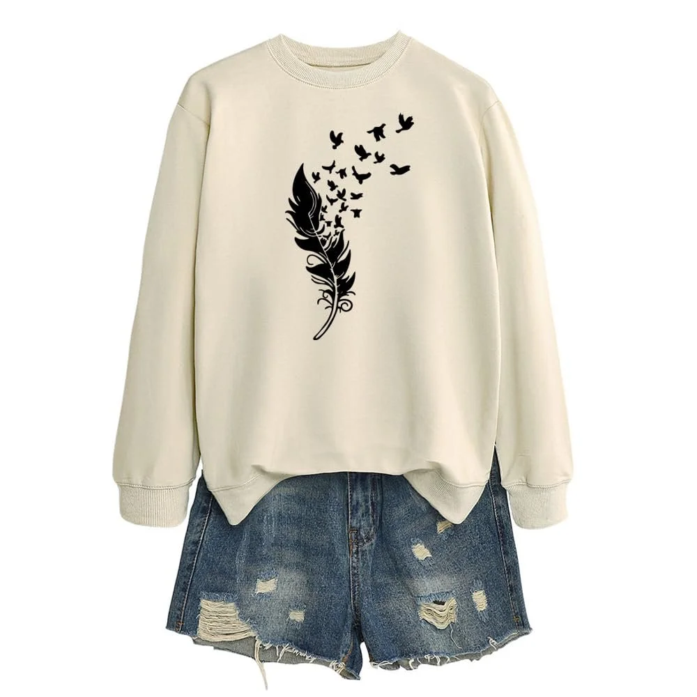 Женский свитшот MLZHAN с принтом перьев, круглый вырез, длинный рукав, осенне-зимний, Harajuku, свободный, фото №3