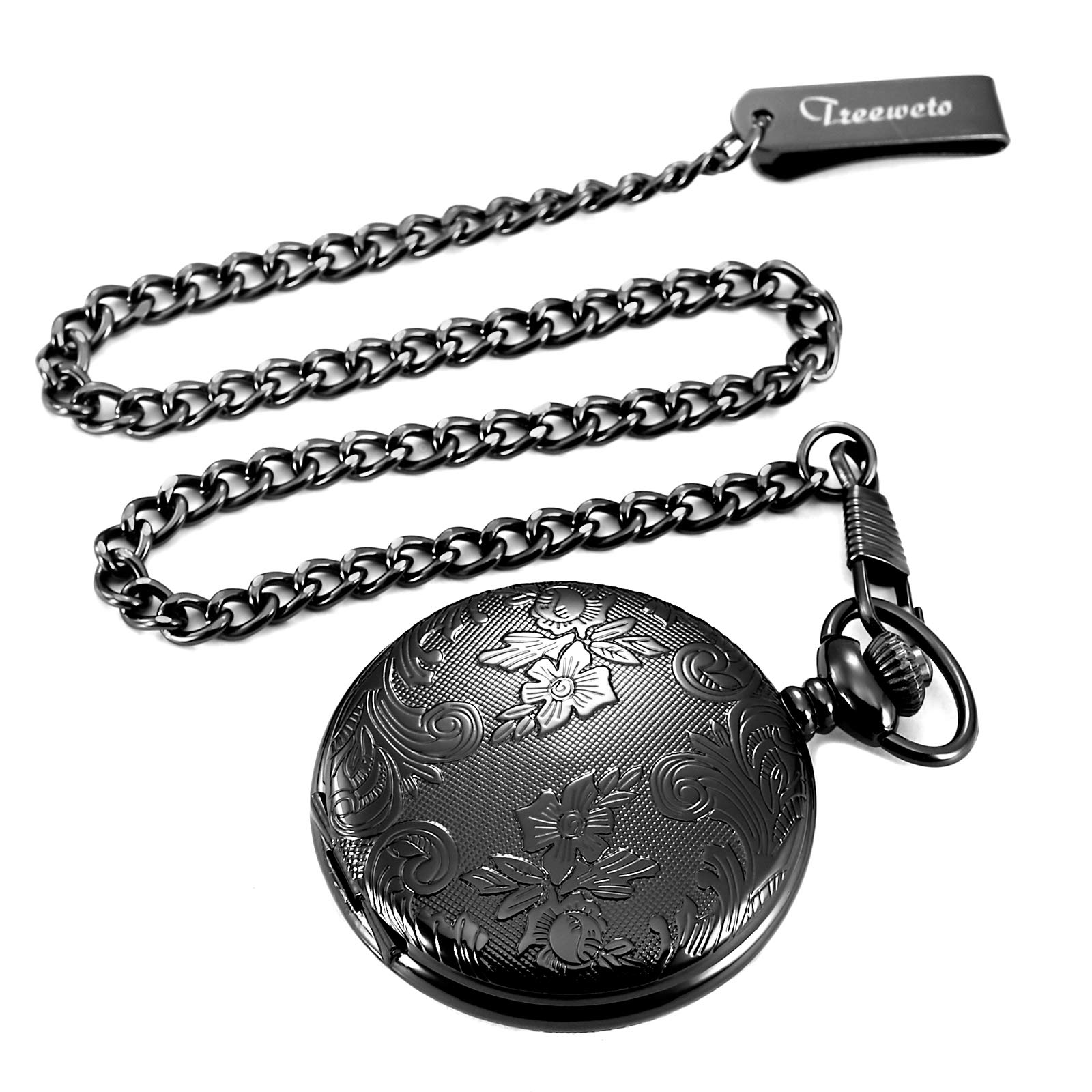 Карманные часы TREEWETO Unisex с цепочкой Аналоговые Механические Античные Гравировка Римские цифры Черные Black076, фото №5