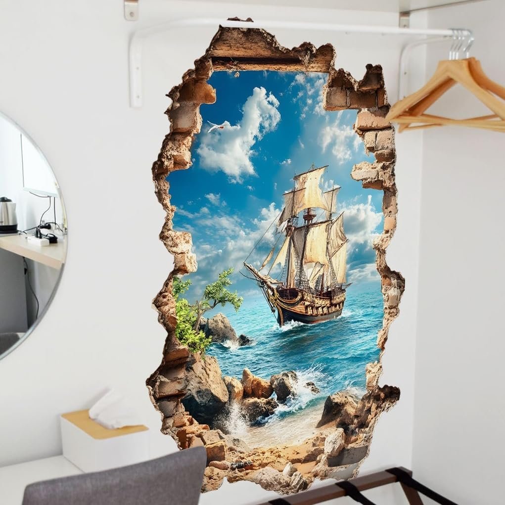 Настінна наклейка 3D Вітрильник Корабель Вигляд на море крізь кам'яну стіну 60 x 90 см Самоклеюча, фото №7 Настінна наклейка 3D Вітрильник Корабель Вигляд на море крізь кам'яну стіну 60 x 90 см Самоклеюча, фото №7