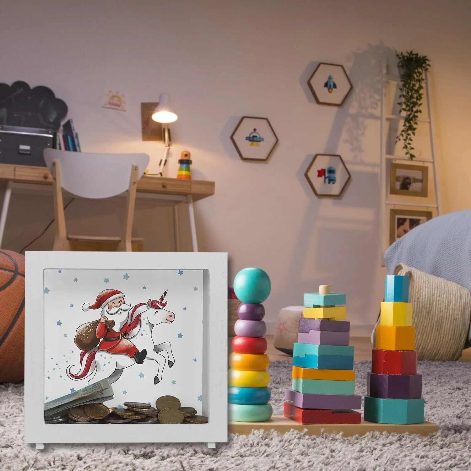 Скарбничка дерев'яна рамка Санта-Клаус на єдинорозі, фото №5