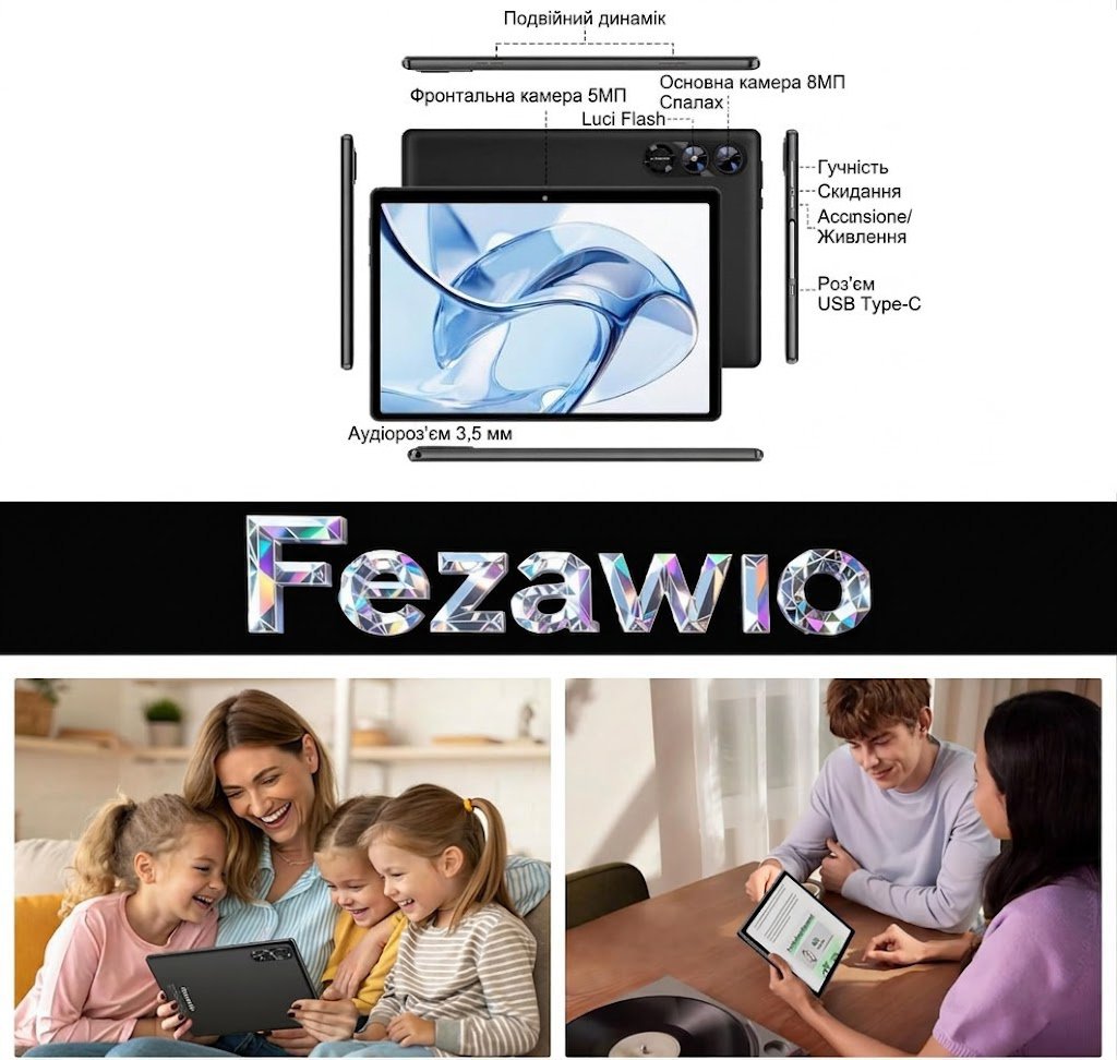 Планшет 10.1" fezawio F11 8+22/64Gb 8 ядер Android 15 6000 mAh Чорний, фото №4 Планшет 10.1" fezawio F11 8+22/64Gb 8 ядер Android 15 6000 mAh Чорний, фото №4