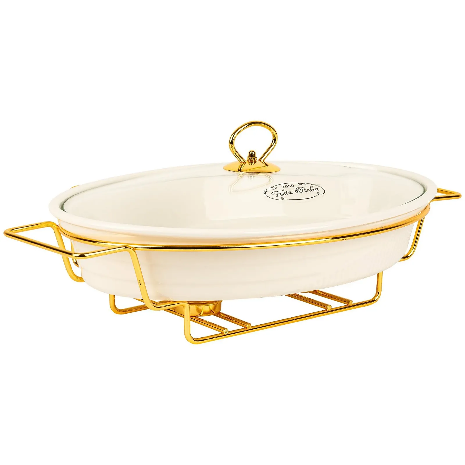 Форма для запекания 2.1 L керамическая овальная с крышкой и подставкой для подогрева белая, фото №1