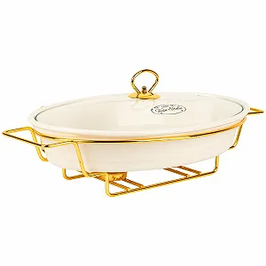 Форма для запекания 2.1 L керамическая овальная с крышкой и подставкой для подогрева белая - Фото 1