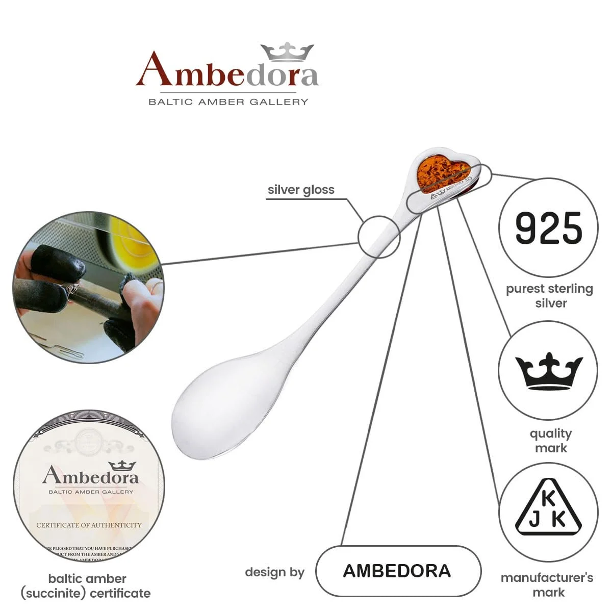 Ложка Сувенірна Sterling Silver Polished Baltic Amber Серце M Срібна, фото №5
