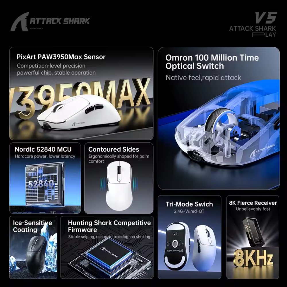 Ігрова мишка Attack Shark V5 Black PAW3950MAX 42K DPI 8000Гц 750IPS 50G, фото №3