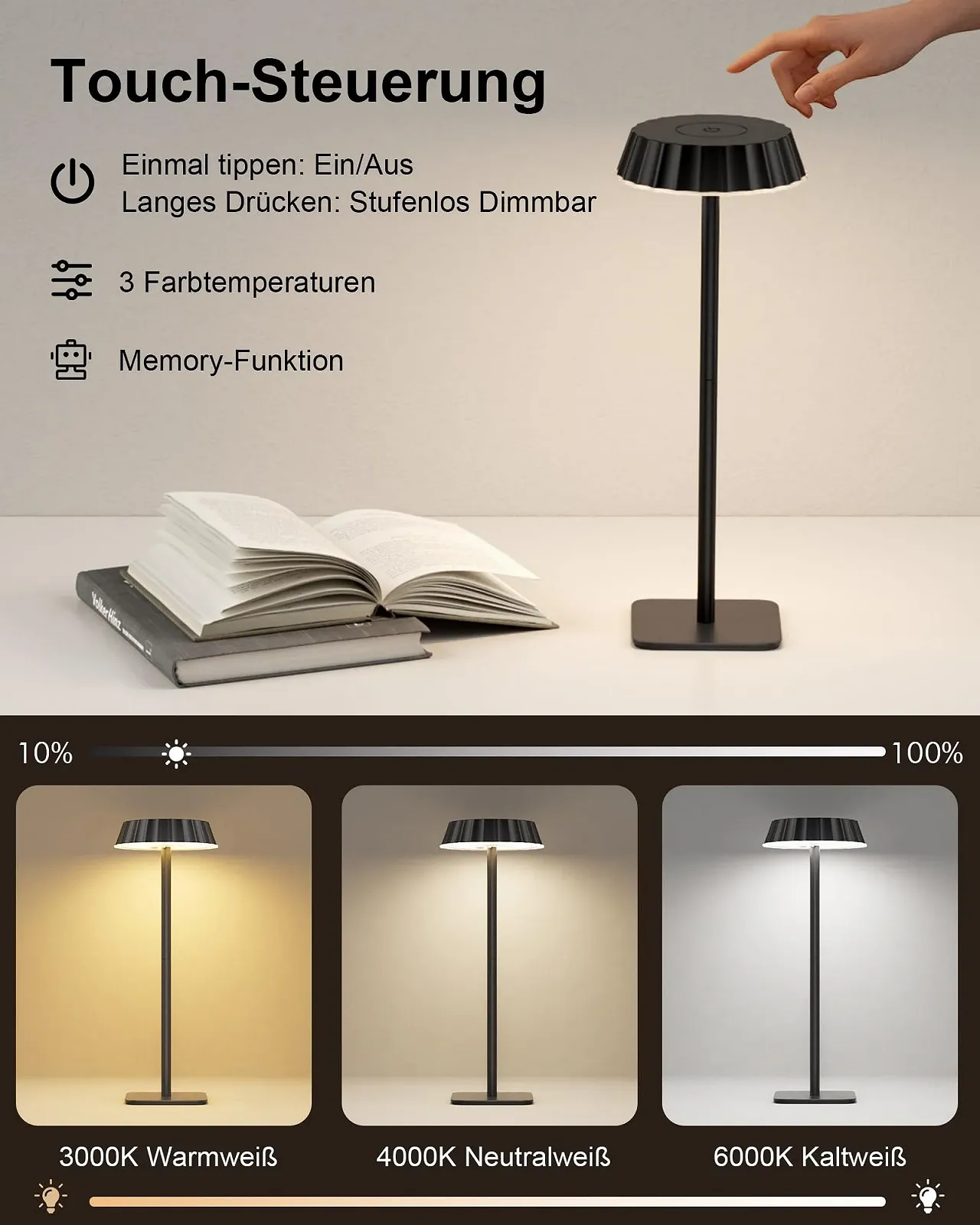 Настільна лампа EppieBasic бездротова акумуляторна набір з 2 шт 18 W швидка зарядка 3 колірні температури диммована IP65 водонепроникна чорна, фото №9
