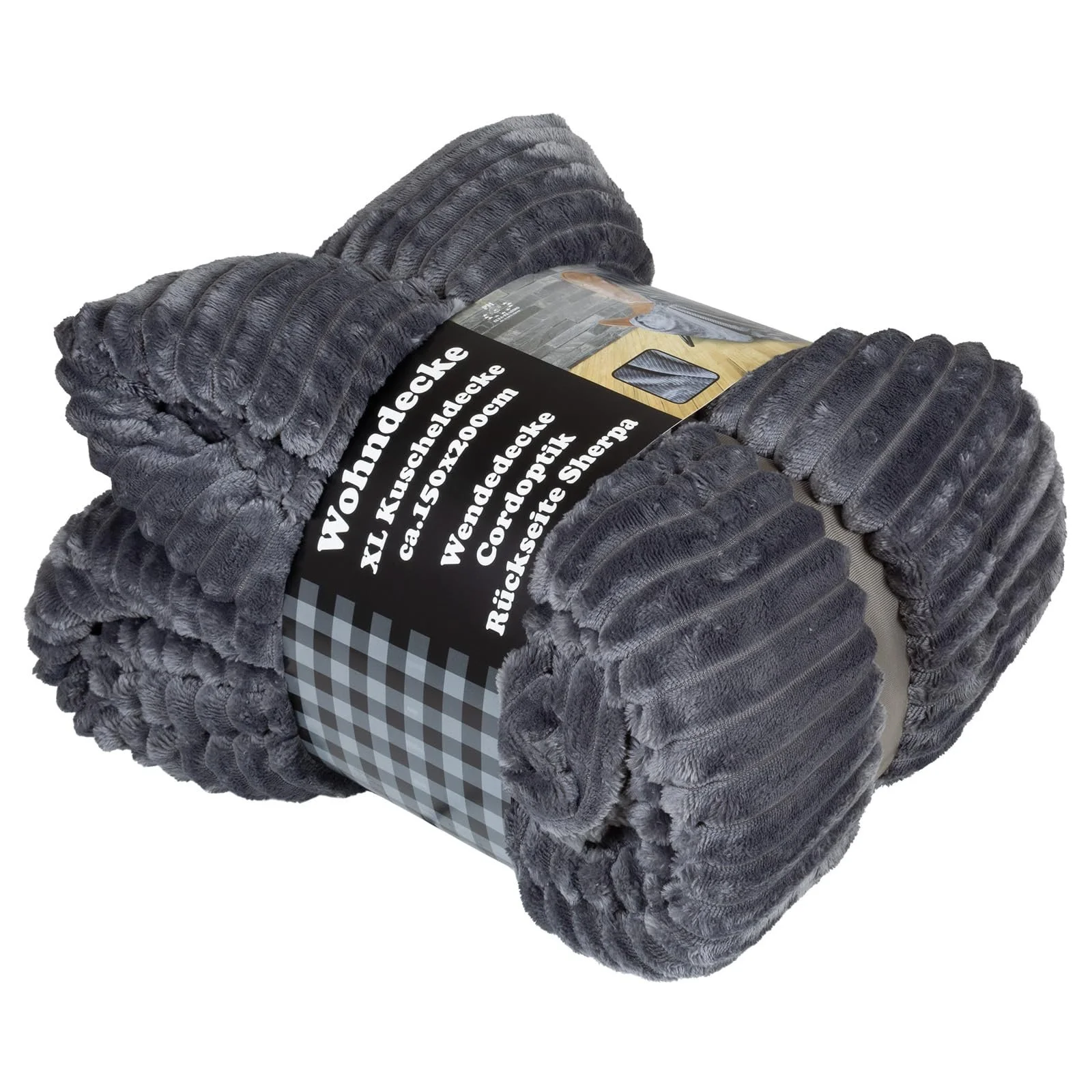 Одеяло Trendyshop365 150 x 200 см, вельветовое, уютное, спинка шерпа, пушистое покрывало (антрацит), фото №6