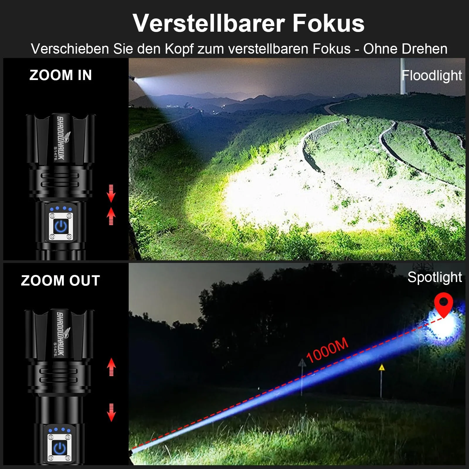 Фонарь Shadowhawk LED 10000 люмен, чрезвычайно яркий, USB перезаряжаемый, тактический фонарь с кобурой CREE XHP70.2, IP67 водонепроницаемый, 5 режимов освещения, для кемпинга, пешего туризма, чрезвычайных ситуаций (26650 аккумулятор), фото №4