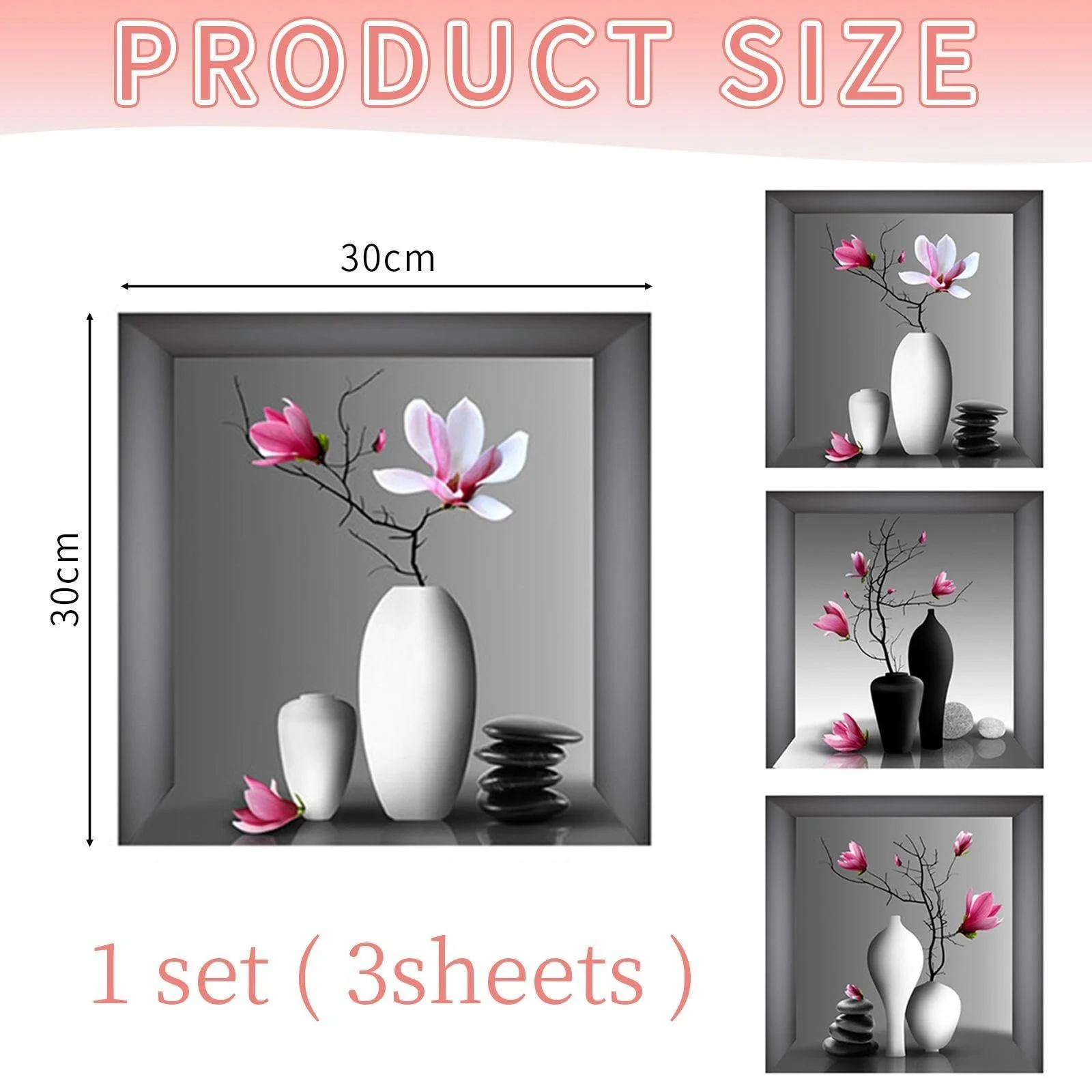 Наклейки настінні 3D Вази 30 x 30 см 3 шт., фото №2 Наклейки настінні 3D Вази 30 x 30 см 3 шт., фото №2