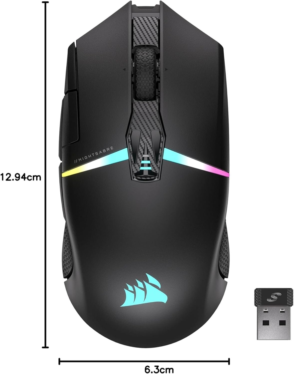 Ігрова бездротова миша Corsair NIGHTSABRE RGB / Bluetooth / Радіоканал / 26000 DPI / 8 кнопок / RGB підсвітка / Інерційне 4Д колесо / Чорна (CH-931B011), фото №3