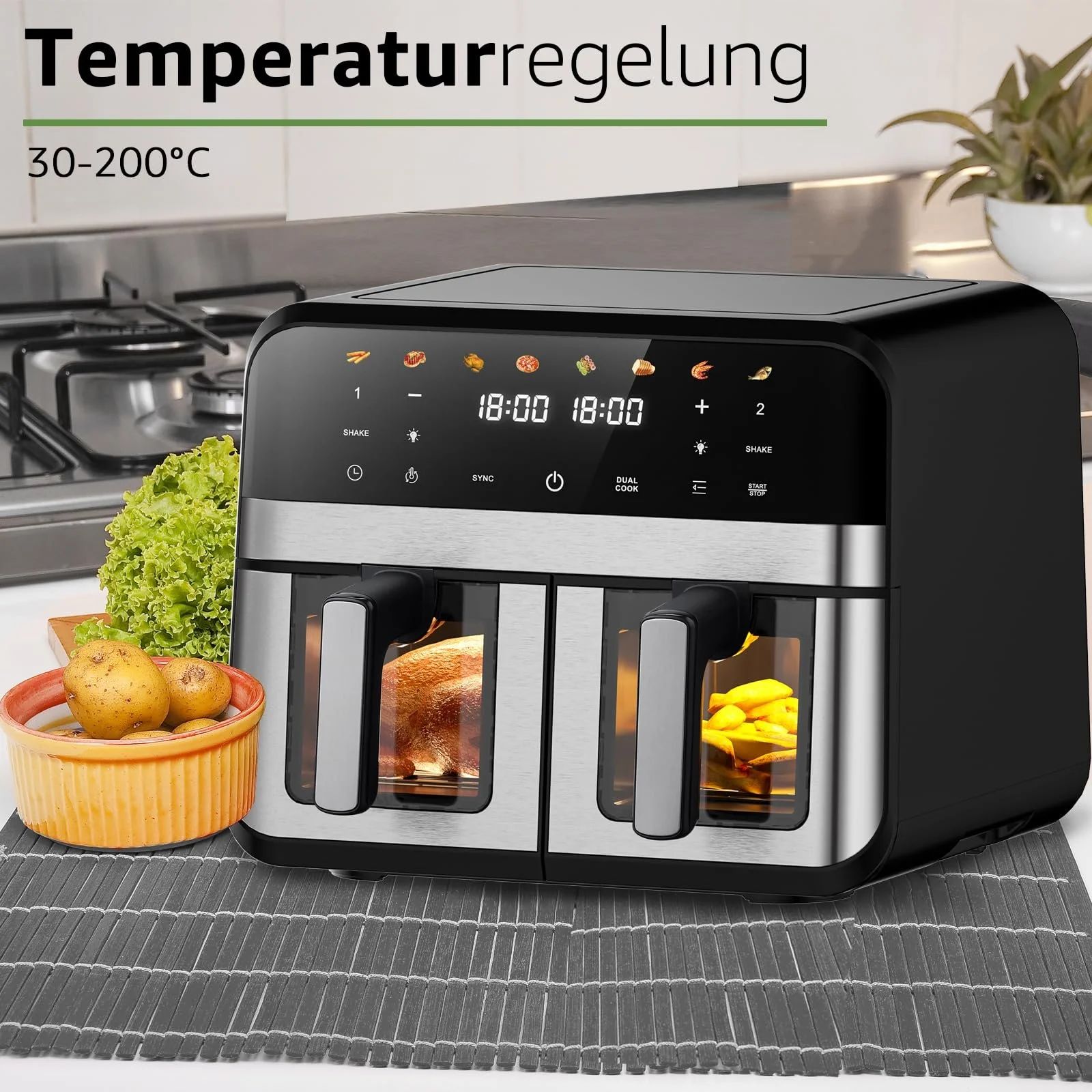 Мультипечь 9л Dual Zone 1800Вт смотровое окно сенсорный экран 8-в-1 Sync XXL 4.5л+4.5л, фото №2 Мультипечь 9л Dual Zone 1800Вт смотровое окно сенсорный экран 8-в-1 Sync XXL 4.5л+4.5л, фото №2