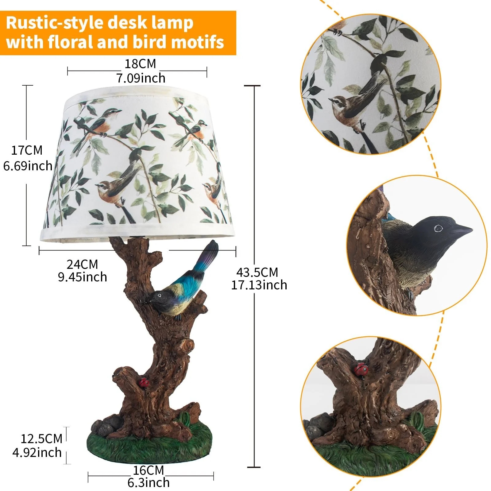 Настільна лампа приліжкова FIRVRE в стилі кантрі E27 з вимикачем квітковий та пташиний мотив і змінний лляний абажур, фото №2