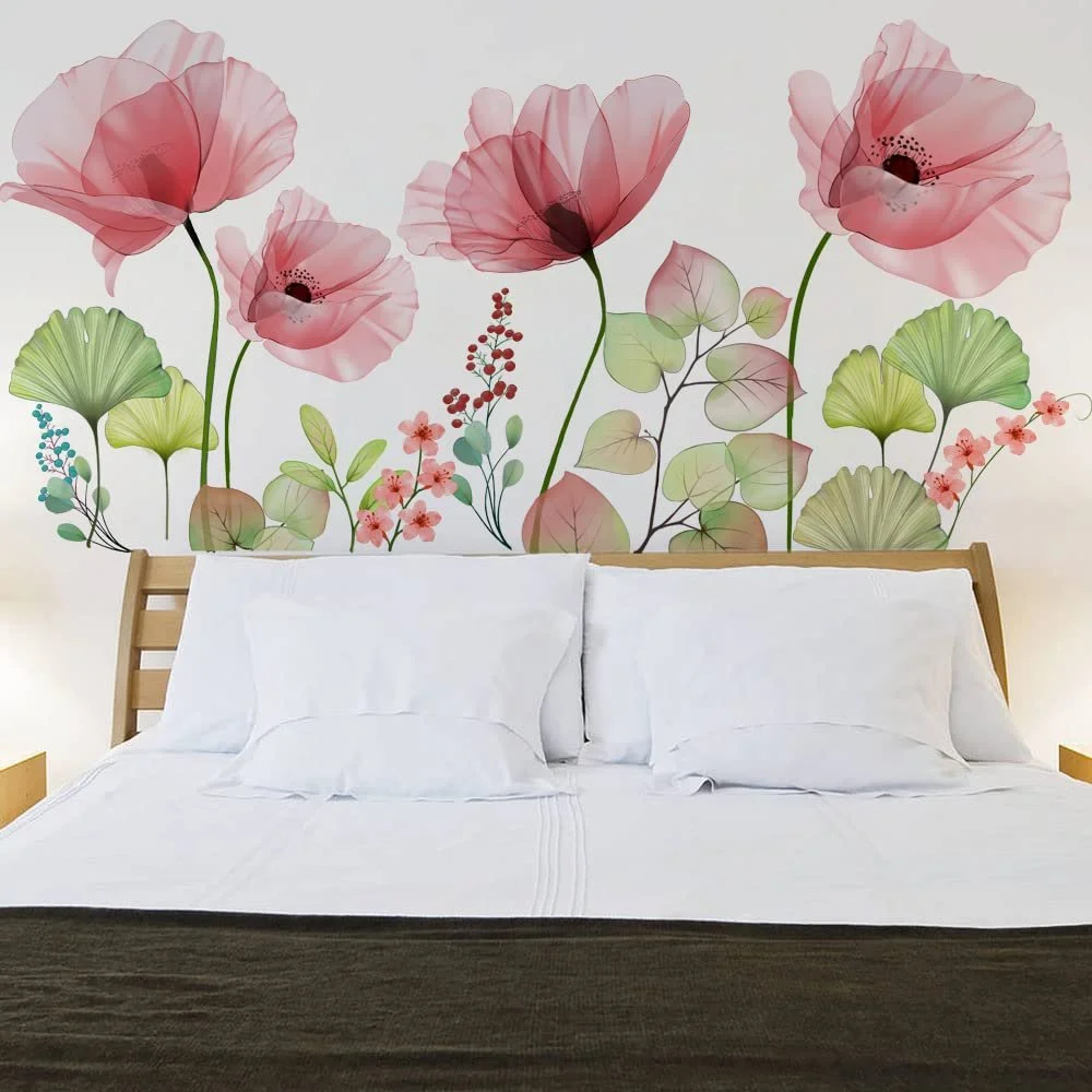 Наклейка на стіну Runtoo Рожеві квіти Маки Велика для дитячої вітальні спальні Рожева, фото №3