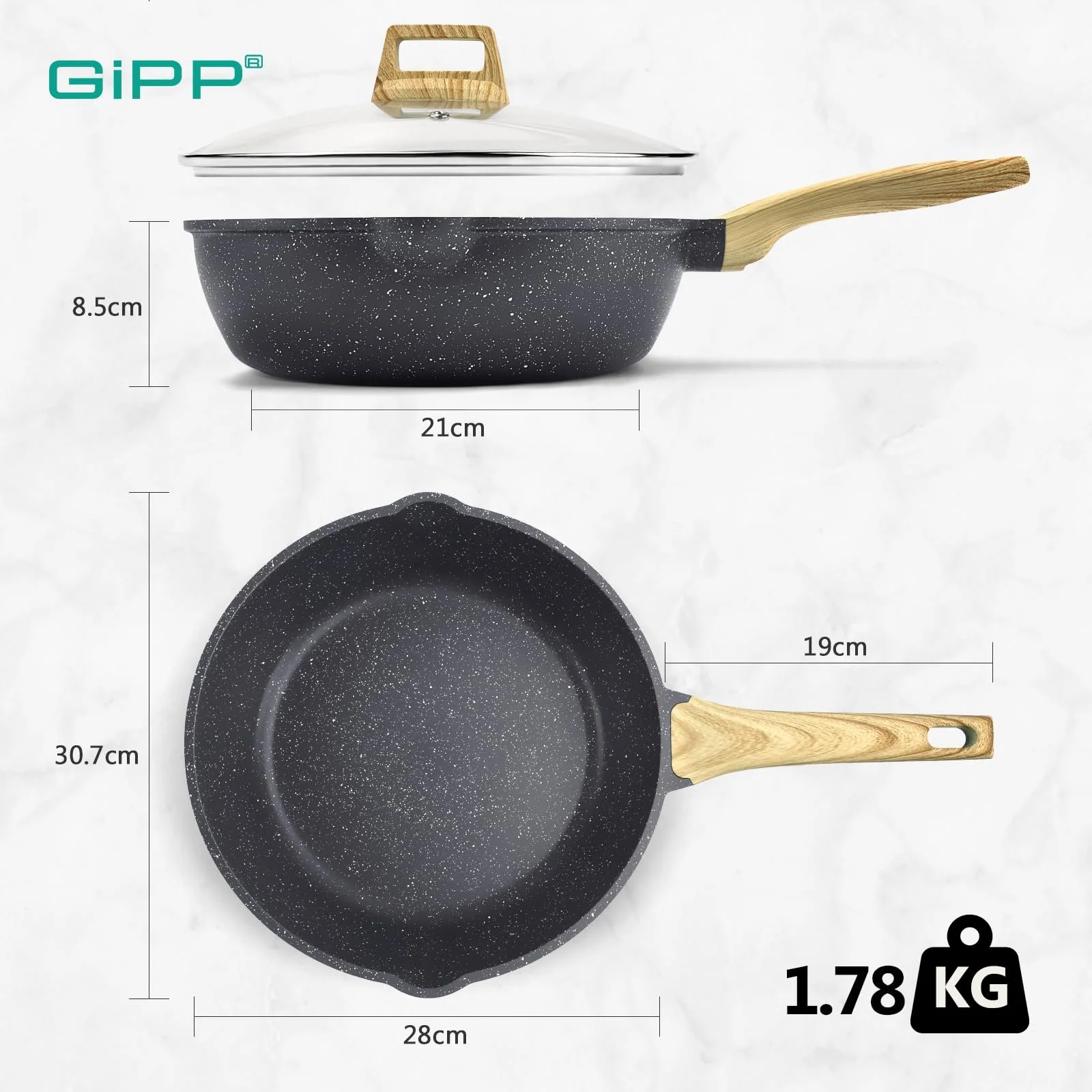 Сковорідка-вок GiPP Sauté Pans з високими стінками 28 см, антипригарна, з кришкою, 4.3 л, керамічне антипригарне покриття, сіра, фото №2 Сковорідка-вок GiPP Sauté Pans з високими стінками 28 см, антипригарна, з кришкою, 4.3 л, керамічне антипригарне покриття, сіра, фото №2