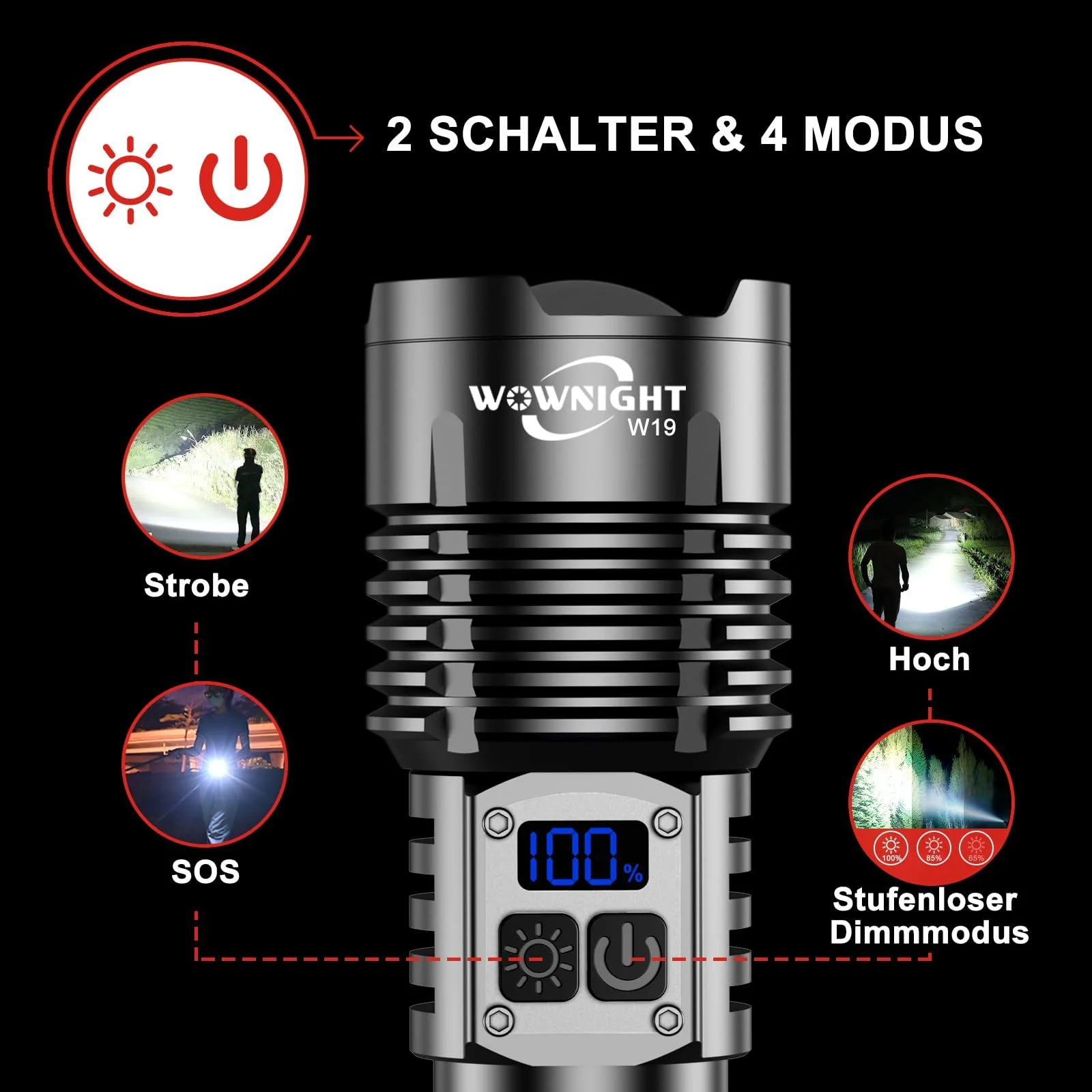 Ліхтар LED Акумуляторний 500 000 люмен, 2 перемикачі USB C, тактичний, плавне регулювання яскравості з налобним ліхтарем для надзвичайних ситуацій на відкритому повітрі, фото №4