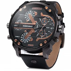 Чоловічий кварцовий годинник у військовому стилі з великим циферблатом, два часові пояси, шкіряний ремінець - Фото 1