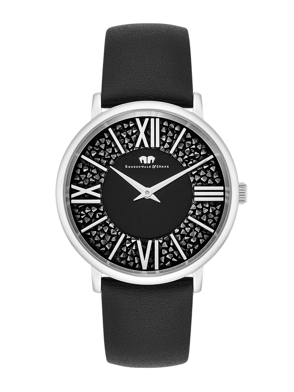 Жіночий годинник Rhodenwald & Söhne 10010329 Аналоговий Японський кварцовий Чорний шкіряний ремінець, прикрашений кристалами, сріблястий, без візерунка, фото №1