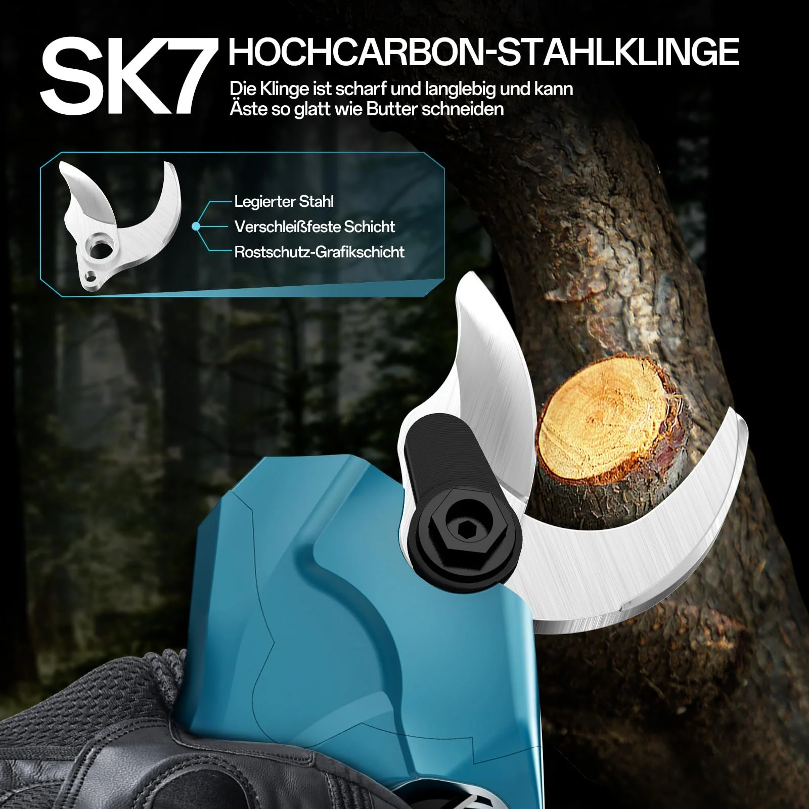 Секатор акумуляторний Anancyi 21 V для гілок дерев, квітів, електричний, максимальний отвір 65 мм, діаметр різання 40 мм, 2 x 2.0 Ah батареї, безщітковий двигун, РК-дисплей, фото №5