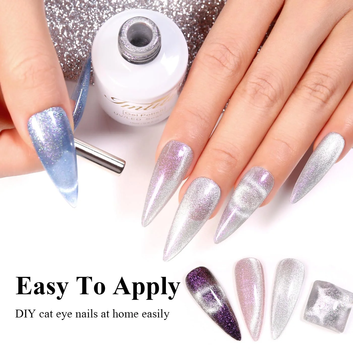 Гель-лак Imtiti Магнитный Полуперманентный 15 мл Серебряный Голографические Блестки Кошачий Глаз, фото №8