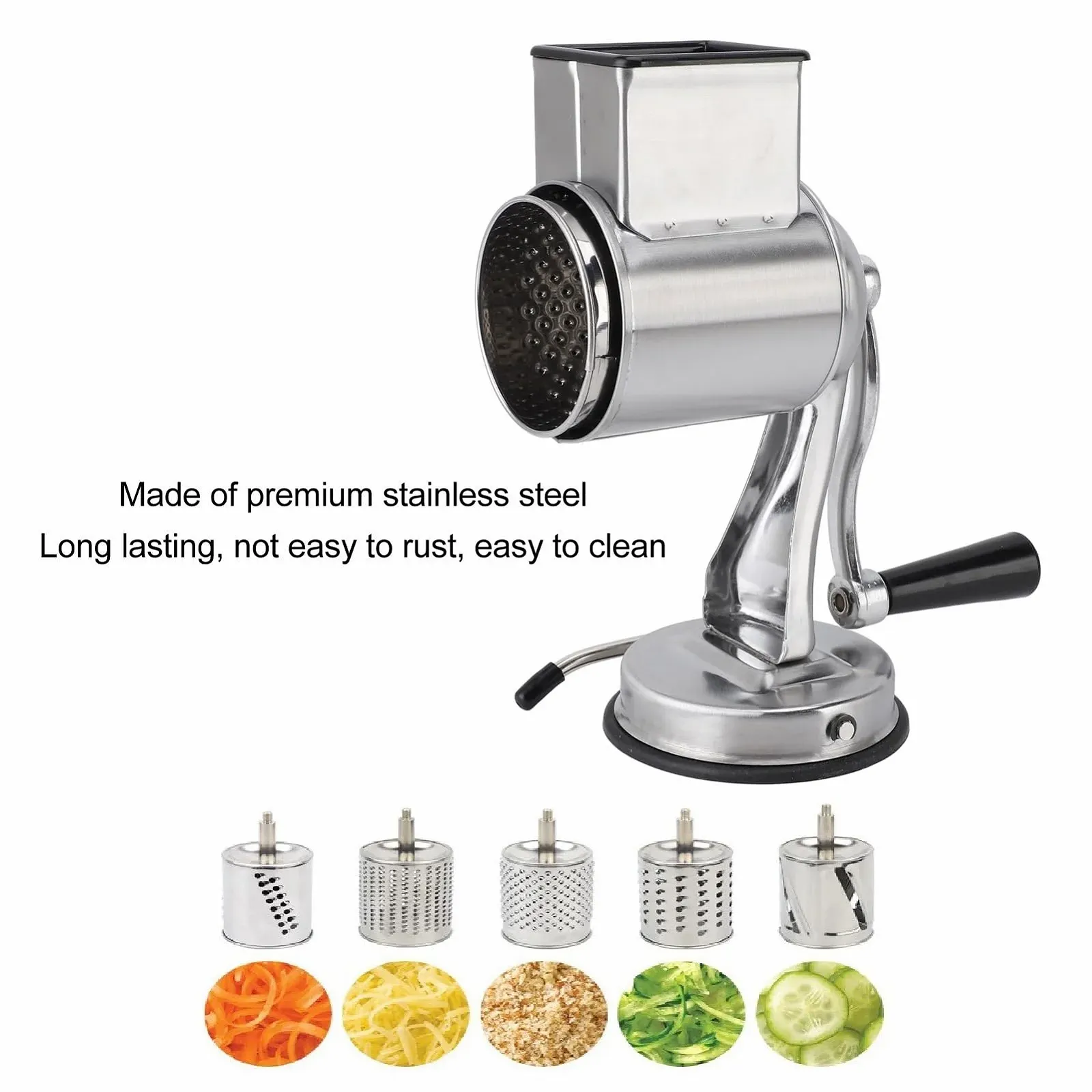 Ручная терка для сыра Tyre, ручная кухонная петля из нержавеющей стали, усиленная присоска с 5 сменными лезвиями и ручкой для овощей, орехов, картофеля Серебряная, фото №6 Ручная терка для сыра Tyre, ручная кухонная петля из нержавеющей стали, усиленная присоска с 5 сменными лезвиями и ручкой для овощей, орехов, картофеля Серебряная, фото №6