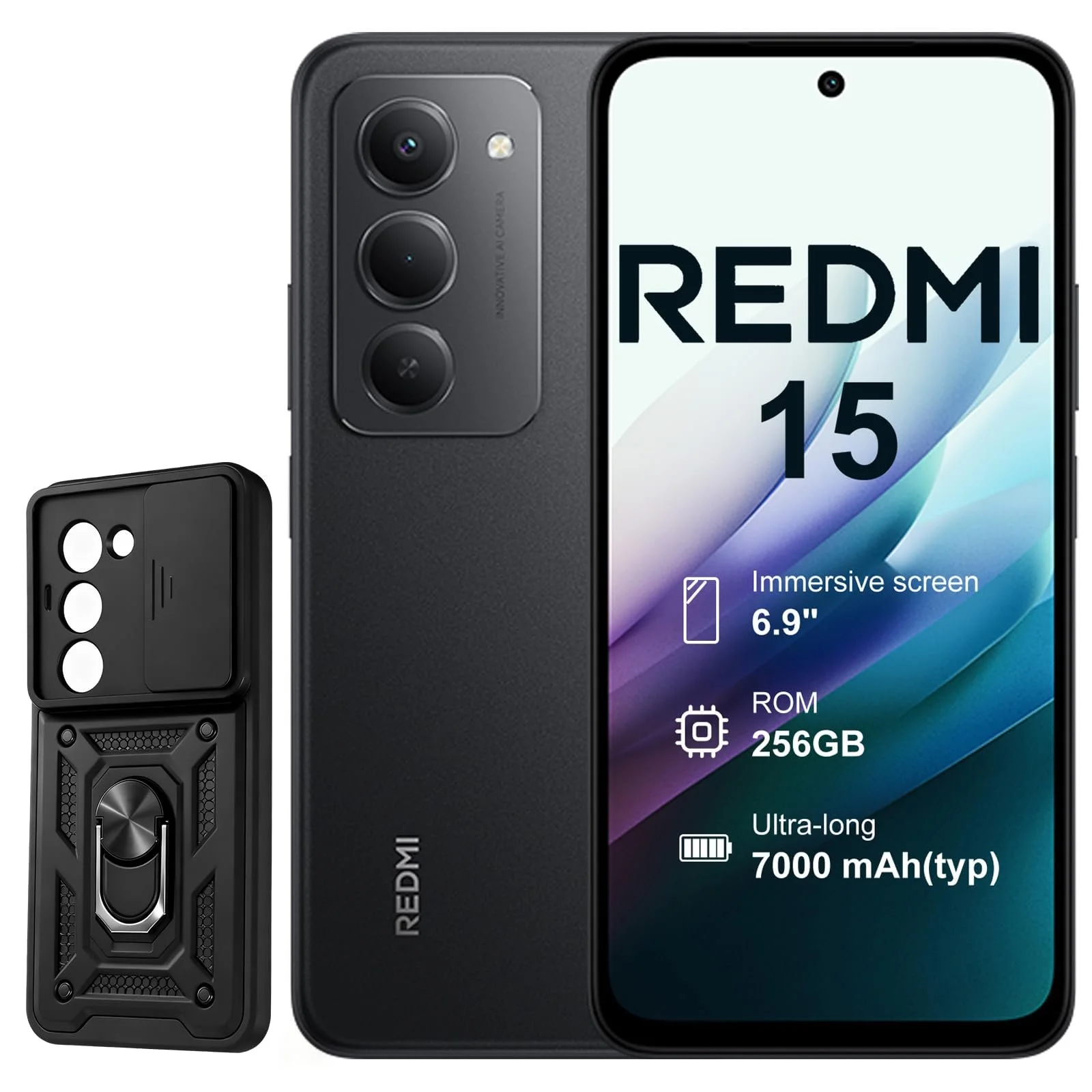 Смартфон XIAOMI Redmi 15 8+256 GB 6.9 дюймов 144 Hz 50MP Snapdragon 685 7000 mAh с чехлом (без зарядного устройства) Черный, фото №1