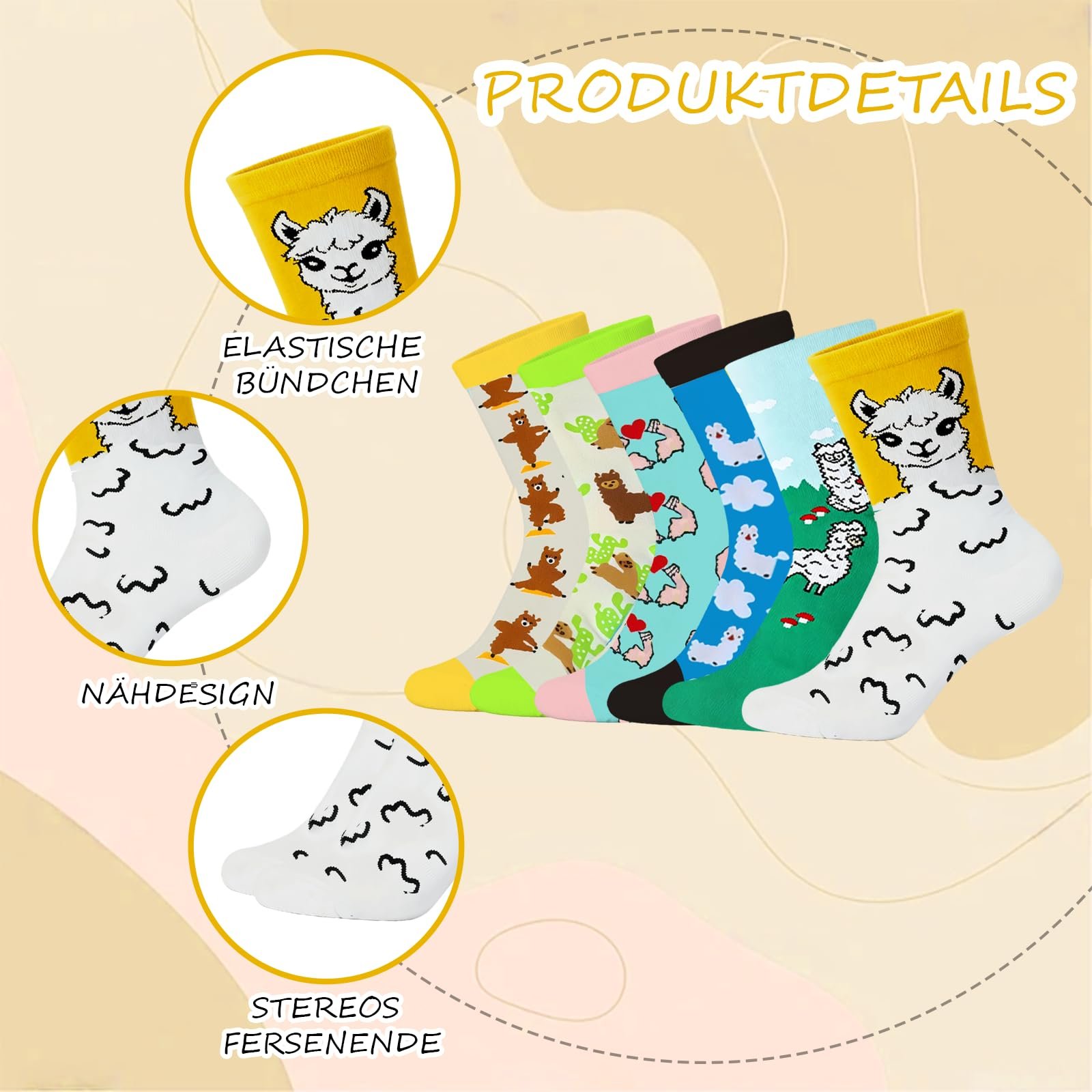 Носки с забавным мотивом альпаки (6 пар) 36-42 - Разноцветные хлопковые носки с дизайном животных, удобные повседневные носки, мягкий подарок для женщин и девушек, фото №3