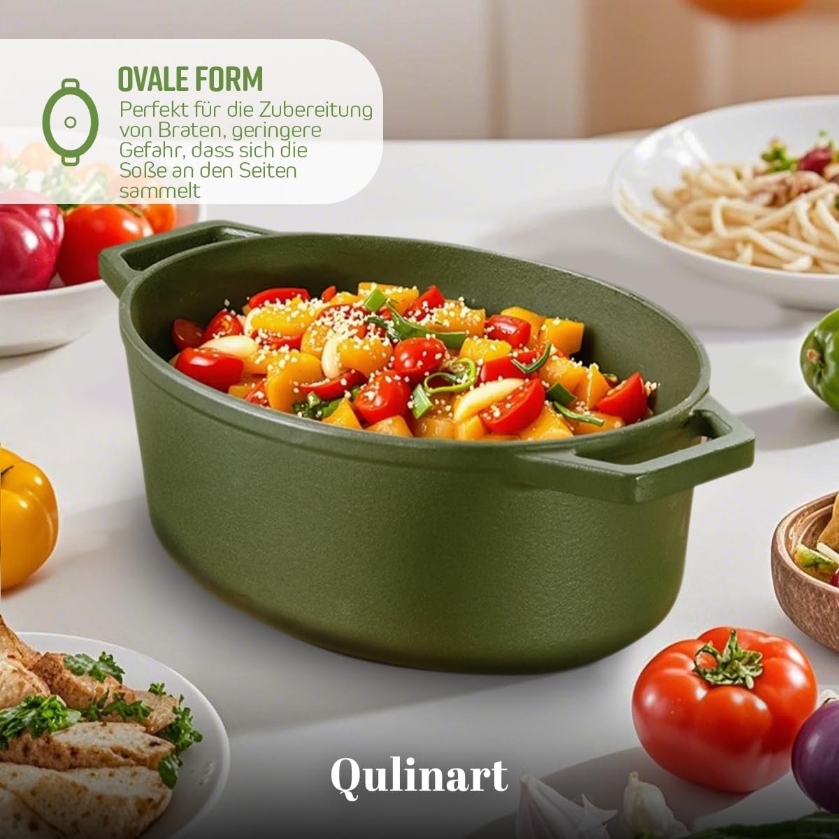 Кастрюля-жаровня QULINART чугунная овальная 4.7 л 30 см матовая зеленая индукционная, фото №3
