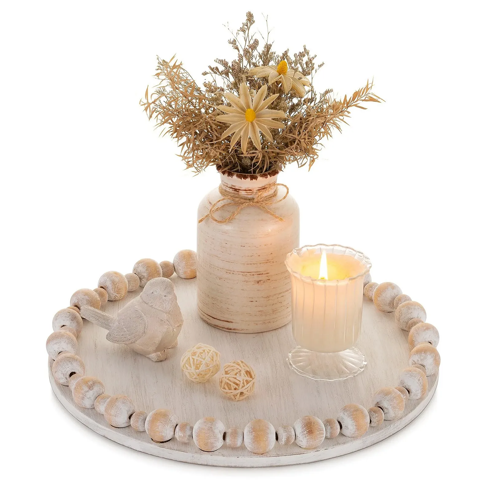 Круглый декоративный поднос Hanobe Деревянный, с искусственным жемчужным краем, фото №1