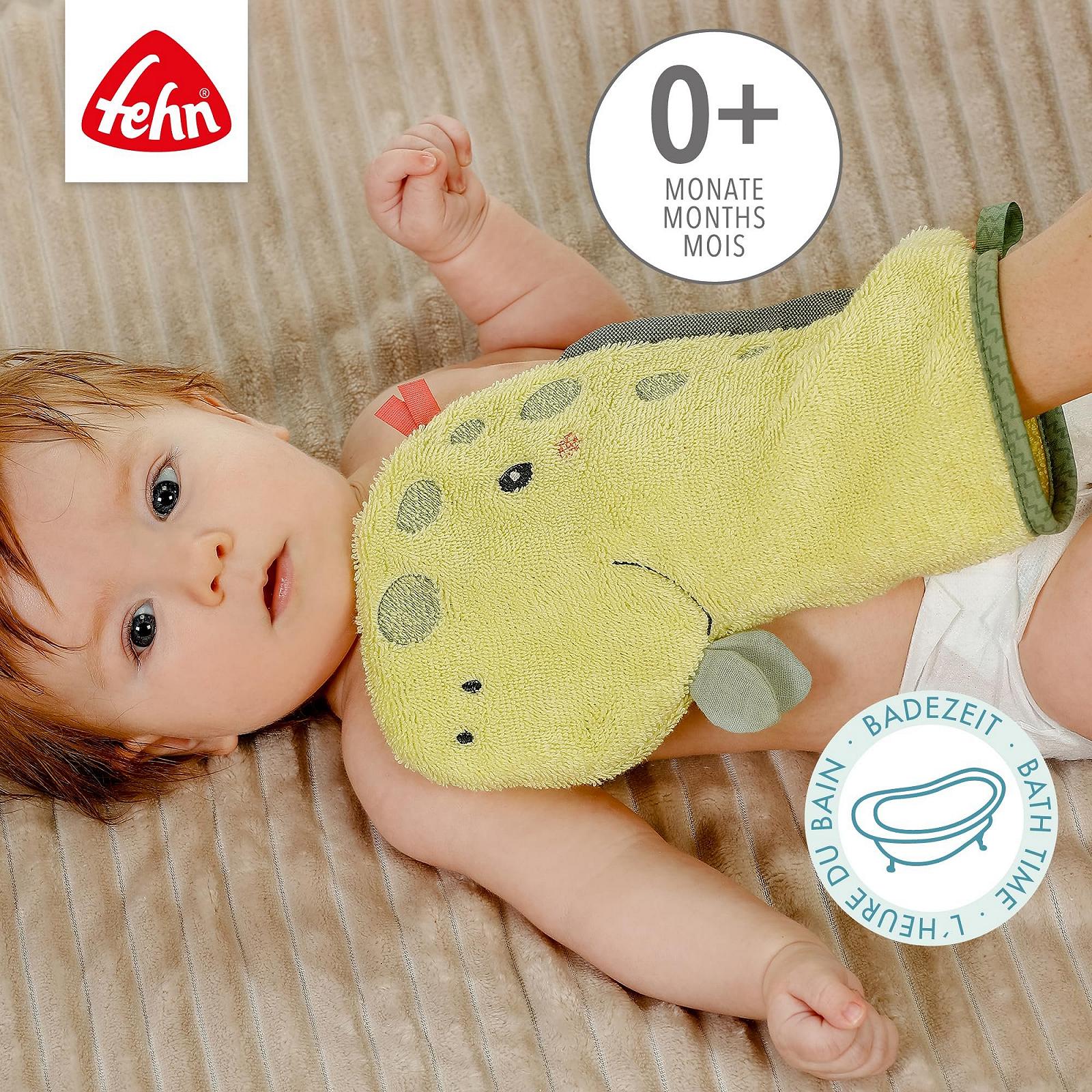 Рушник для ванни Fehn Baby Dino дитячий пончо, махрова тканина та серветка Dino Wash Mitt з мотивом, фото №6