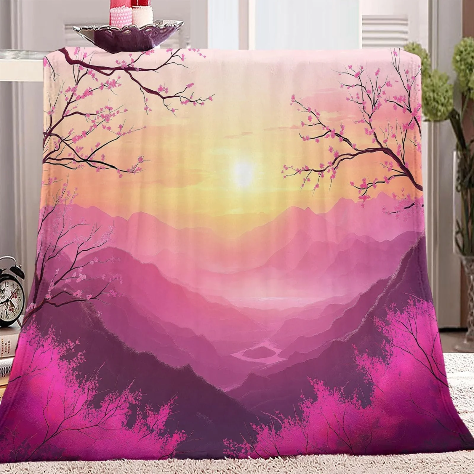 Фланелевое одеяло Плюшевое розовое фланелевое одеяло Теплое Dream Sunset Plum Blossom 3D Printed Blanket - All Seasons Children's Bed Linen Фланелевые пледы 200 x 220 см, фото №1