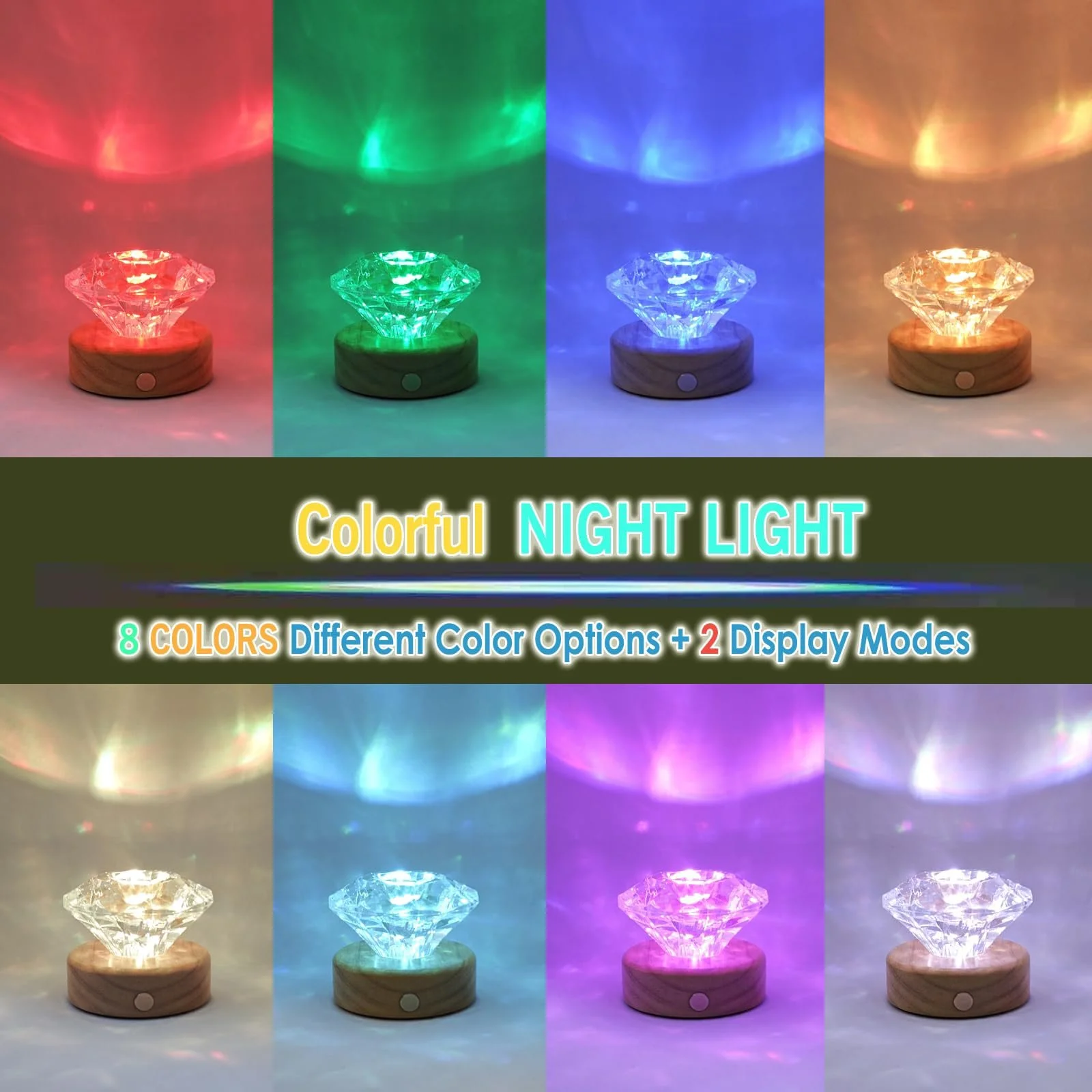Настільна лампа у формі діаманта мала з RGB нічником акумуляторна основа з цільного дерева, фото №3