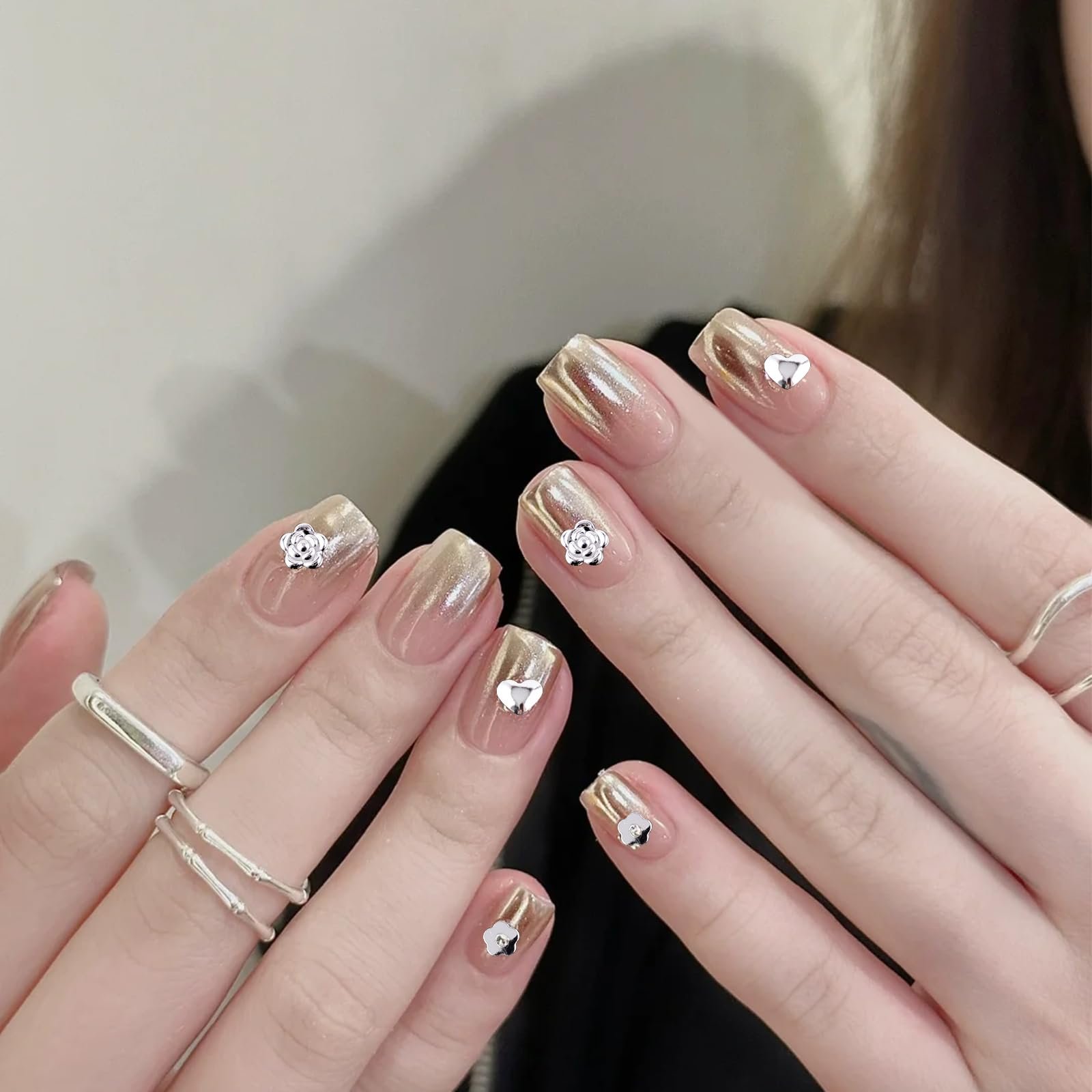 Украшения для ногтей Металл 2 коробки Звезды Луны Бантики Цветы Золотой Серебряный, фото №4